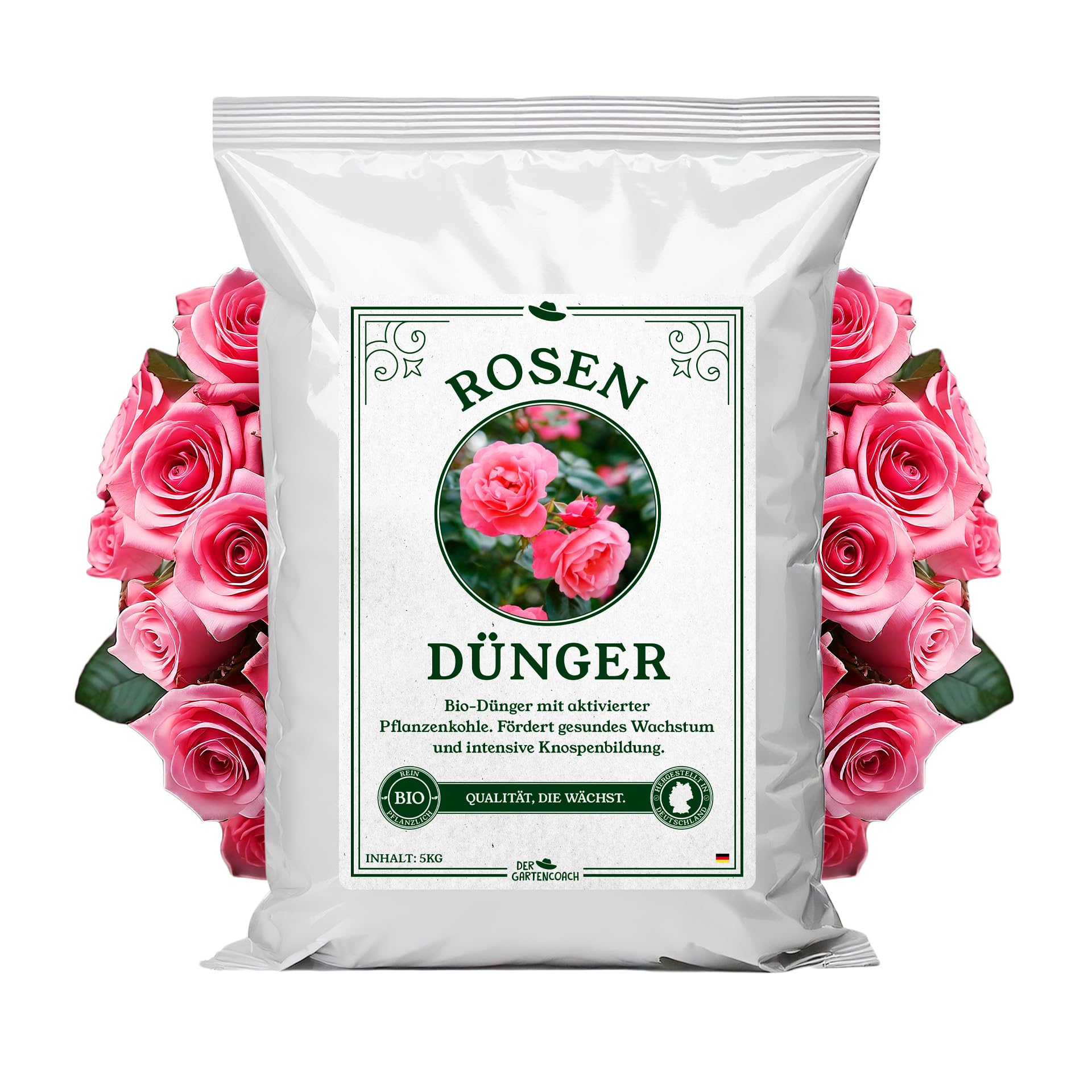 Rosendünger mit aktivierter Pflanzenkohle I nachhaltig & vegan I mit Mykorrhiza-Pilzen I optimale Ernährung für Blüten und Blätter I organischer Dünger (5 Kilogramm)