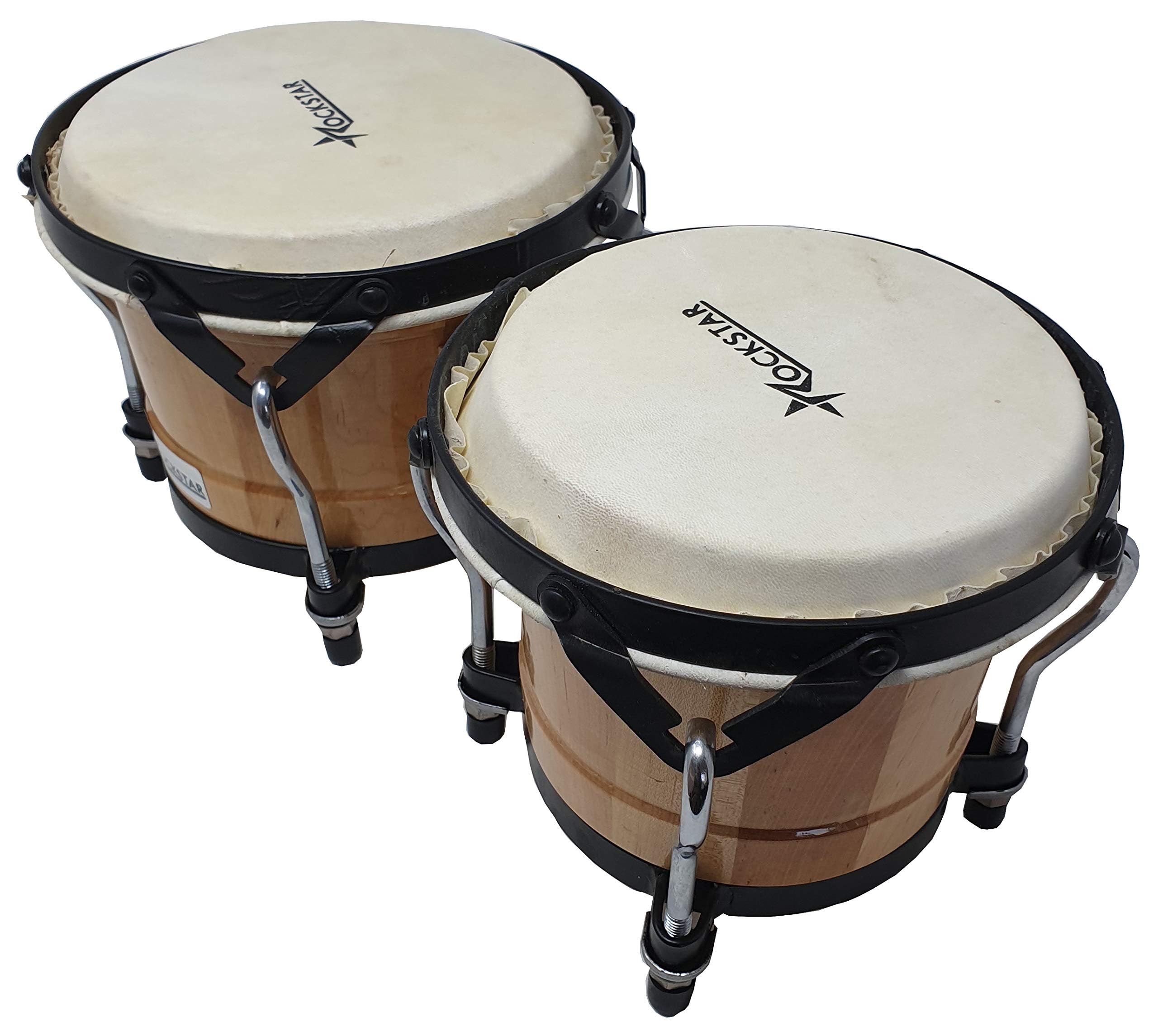 Rockstar - Bongos de Madera y Metal Color Natural BO650NT 7" y 8,5" Afinables Parche Piel Bufalo - Rockmusic