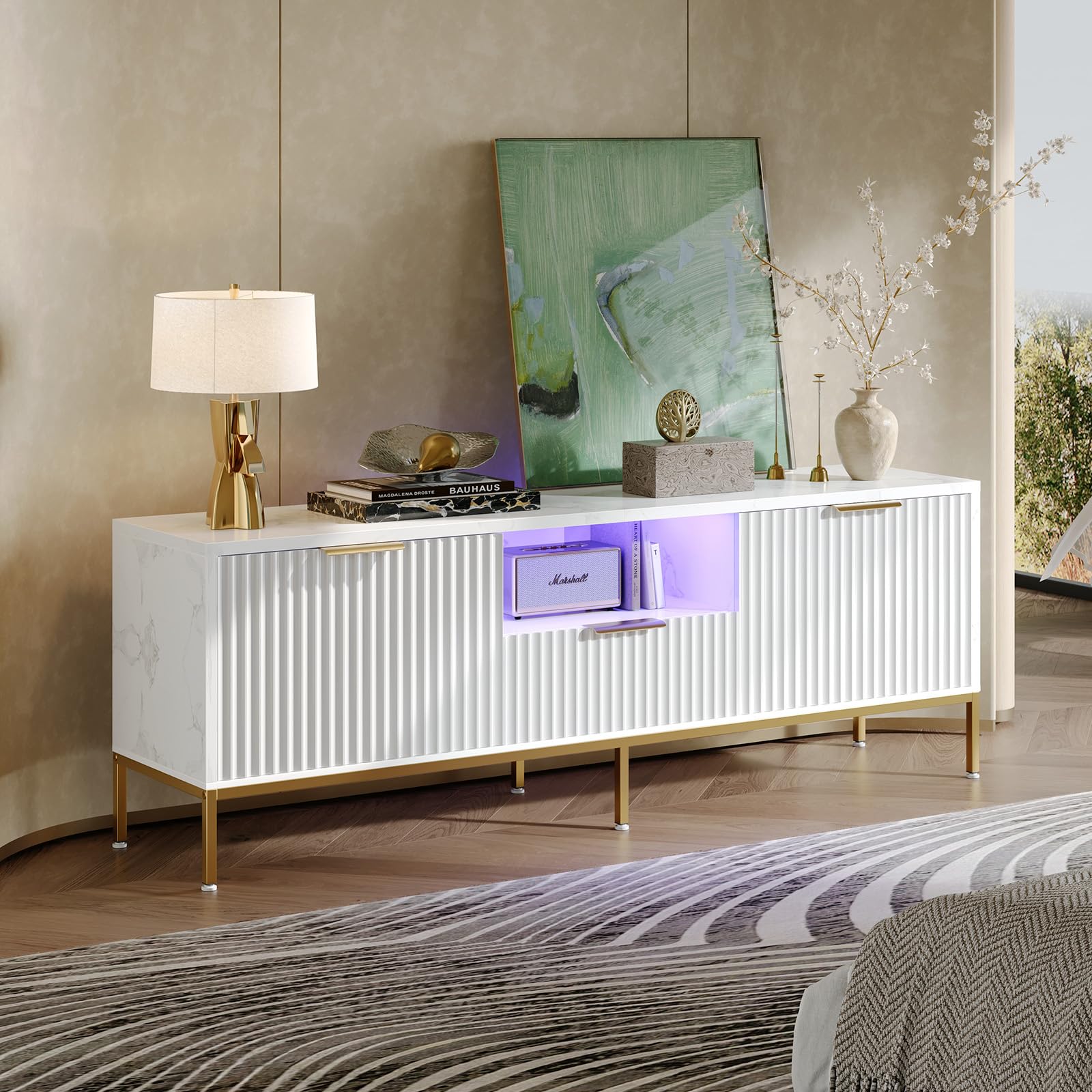 Bestier Mobile TV con superficie scanalata per TV da 32/60", moderno centro di intrattenimento con spazio di archiviazione, console multimediale con motivo ondulato per soggiorno e camera da letto