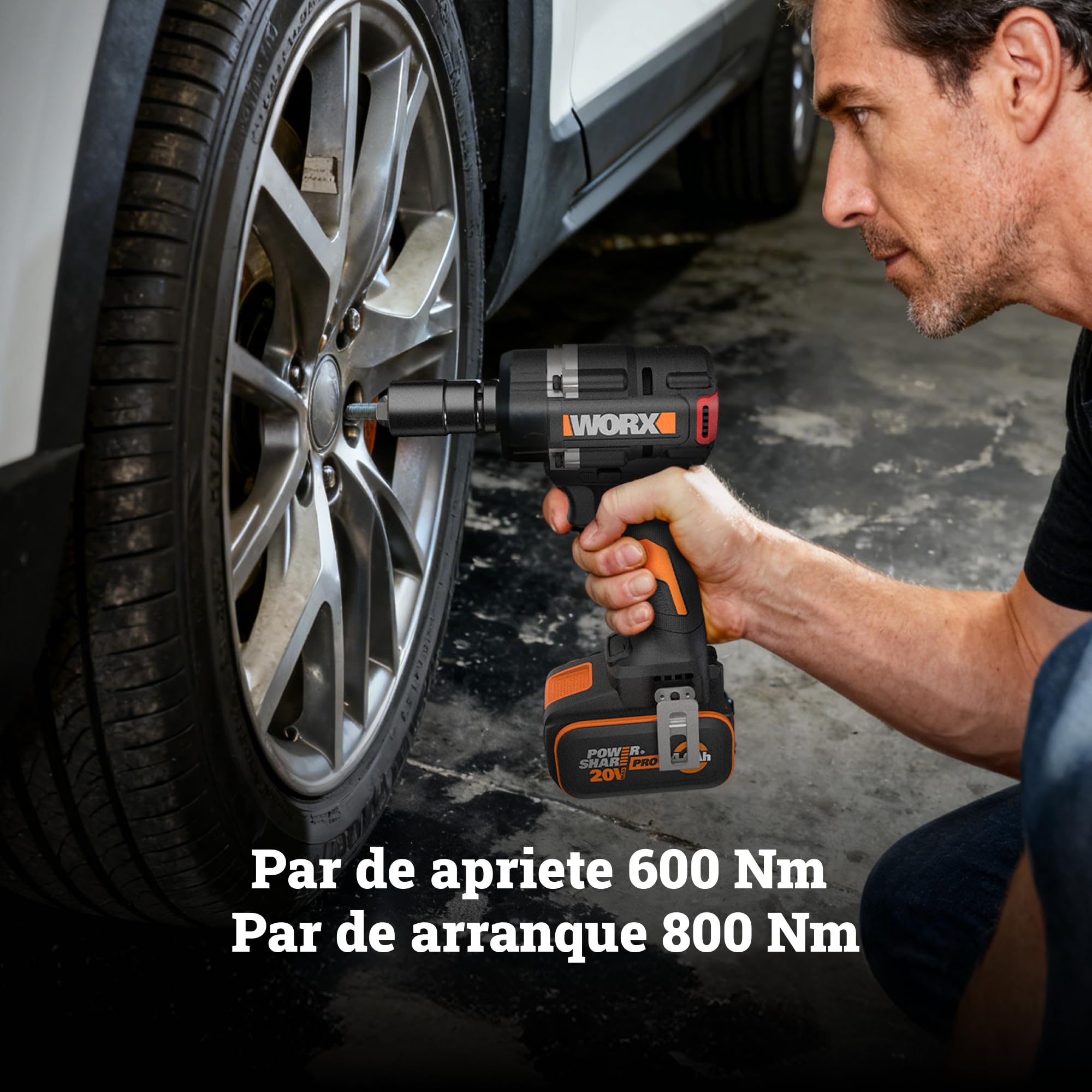 WORX WX273 Llave de Impacto Brushless 20V 4Ah, 600 Nm, 1/2" | Motor brushless, 3 velocidades, 3.300 bpm, hasta 2.800 rpm, cuadradillo 1/2", cargador 2A incluido, PowerShare 20V