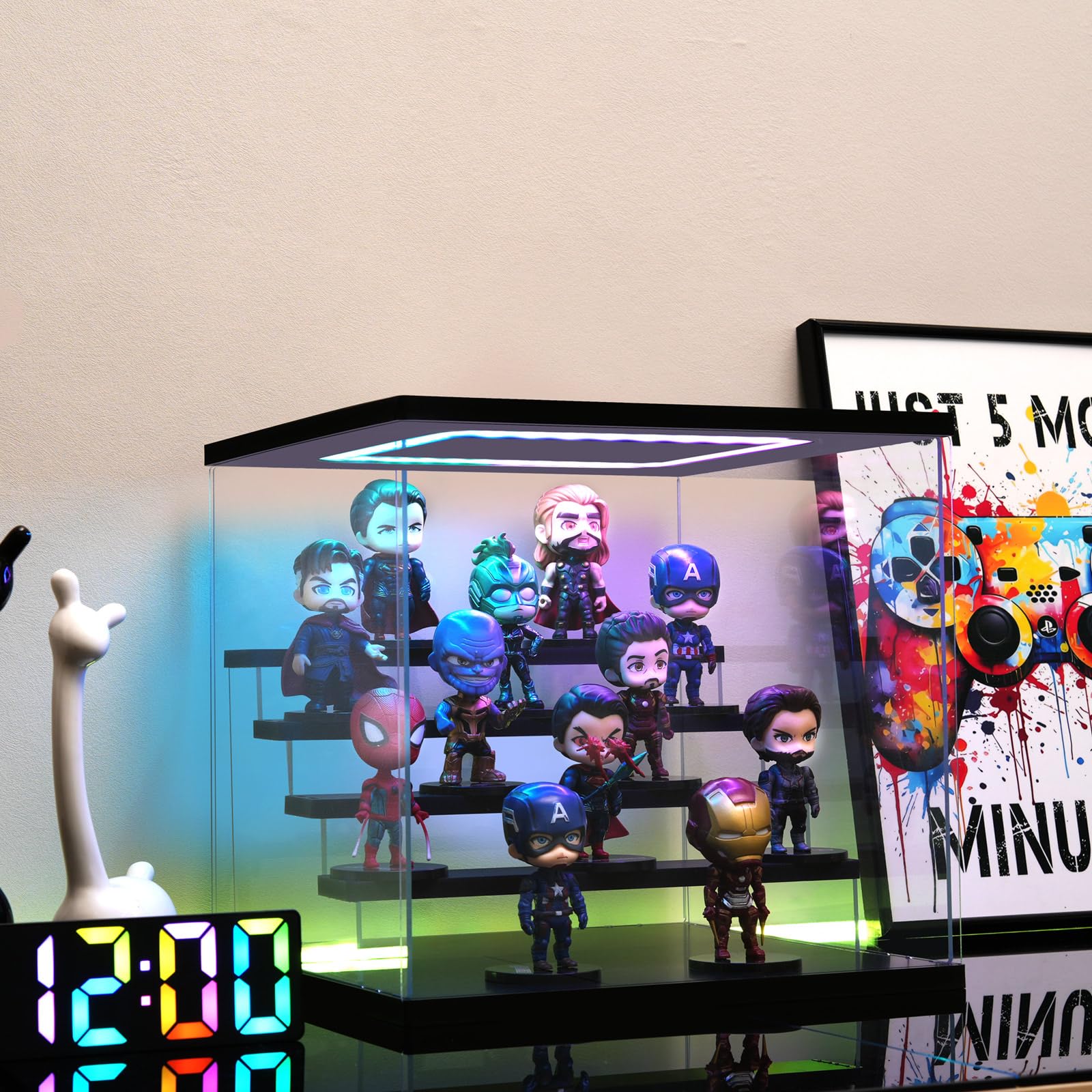 Acryl Vitrine mit RGB LED Beleuchtung für Modellautos Figuren, 3/4/5/6 Stufen Mehrfarbige Licht Staubschutz Schaukasten für Sammlerfiguren (Schwarz, 5 stufen, 32x31x30cm)