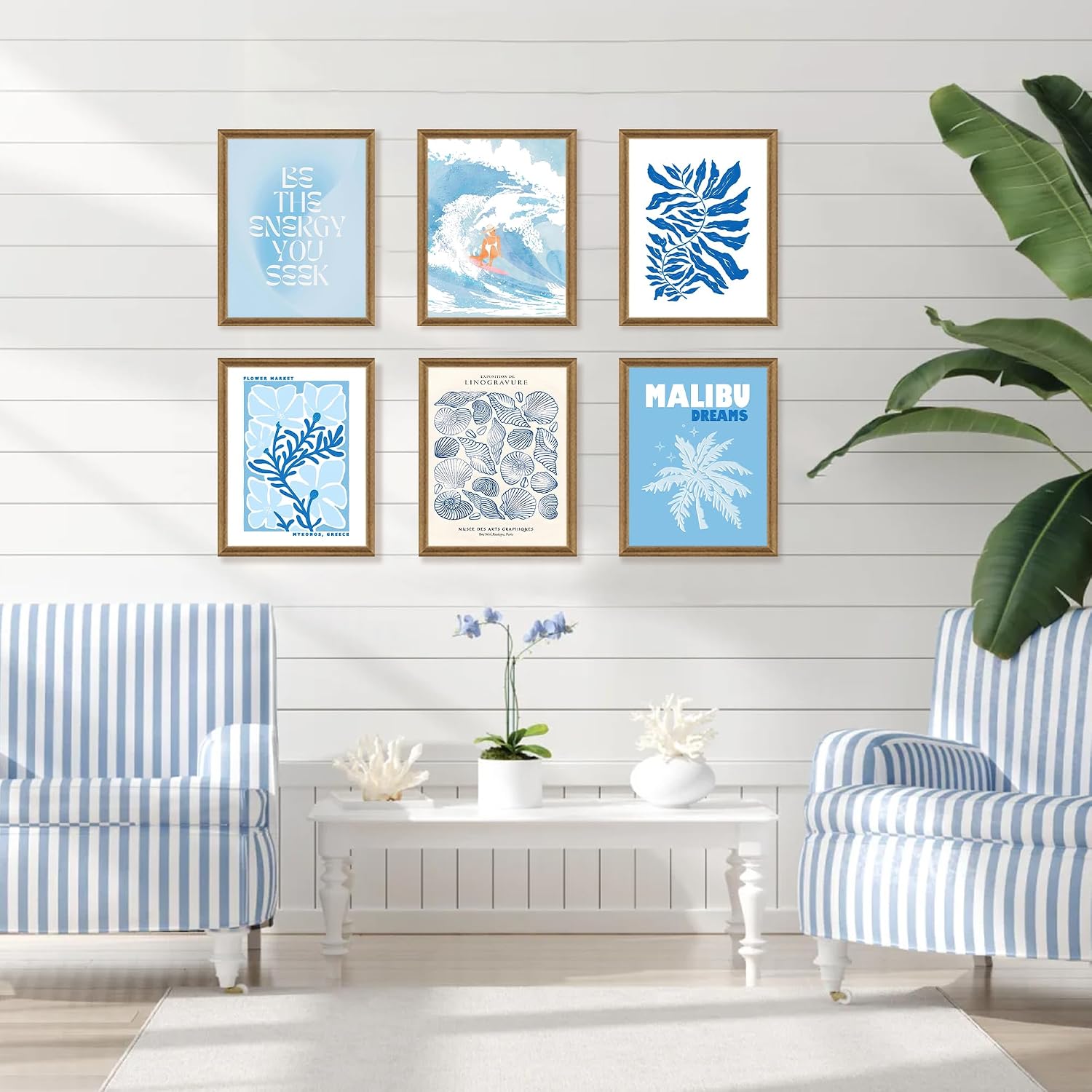 Blue Coastal Wall Art Set Of 6 Prints With Frames Beach Themed Wall Decor For Living Room Bedroom Bathroom Art Prints 8x10 Inch Wood Framed Easy To Hang