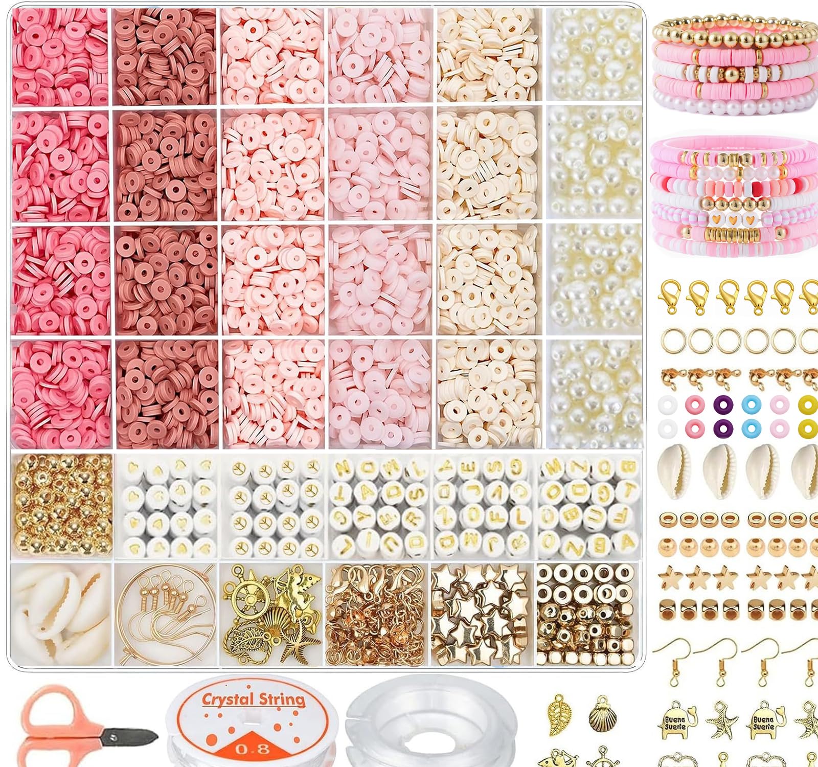 LYMOOR 4700+ Pcs Clay Beads Bracelet Making Kit, Rose Pink Polymer Clay Beads with Letter Beads, Shell Pendants & Earring Findings, DIY Bracelet Necklace Earring Set for Teen Girls — image 1