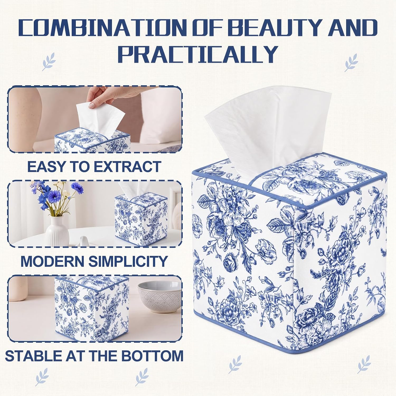 Blue Fabric Tissue Box Cover Floral Print Millennial Home Decor