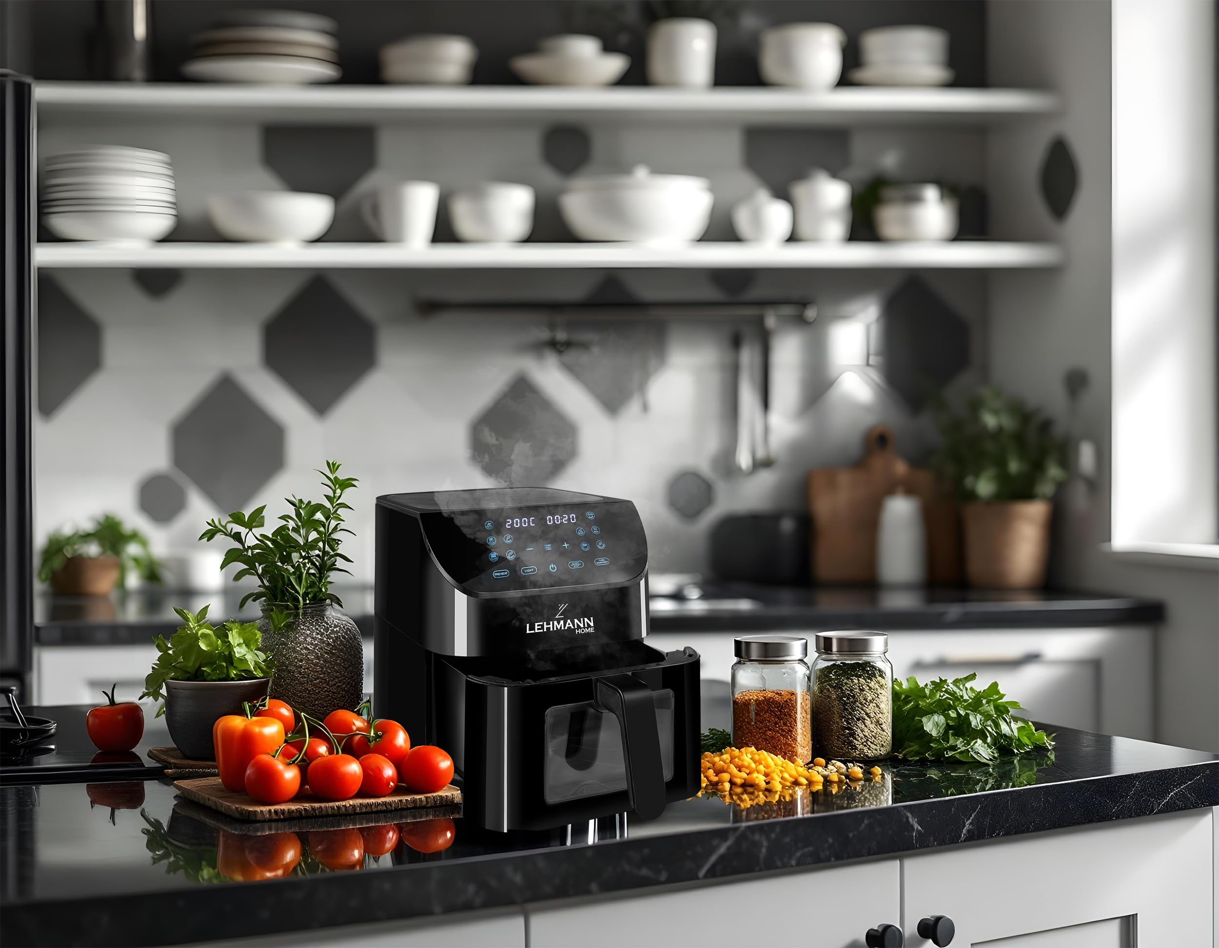 LEHMANN Friggitrice ad Aria 8 Litri, Air Fryer XXL con Inserto Divisorio per Doppio Scomparto, Finestra di Visualizzazione, 12 Programmi & Regolazione Manuale 76–200°C, Lavabile in Lavastoviglie