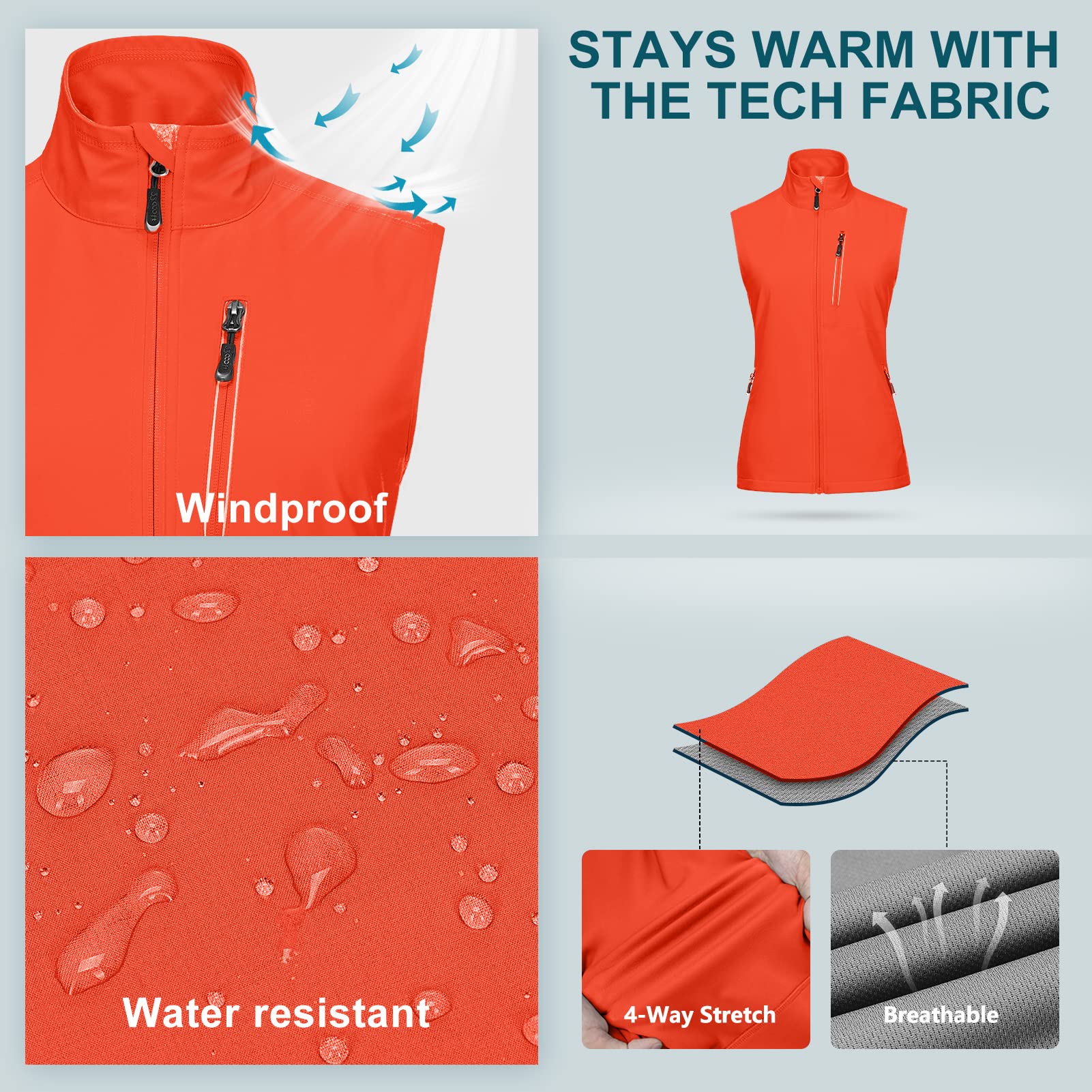 33,000ft Chaleco ligero para mujer, impermeable, cuello alto, softshell para ciclismo, chaqueta reflectante sin mangas para equitación, correr, golf, senderismo, pesca