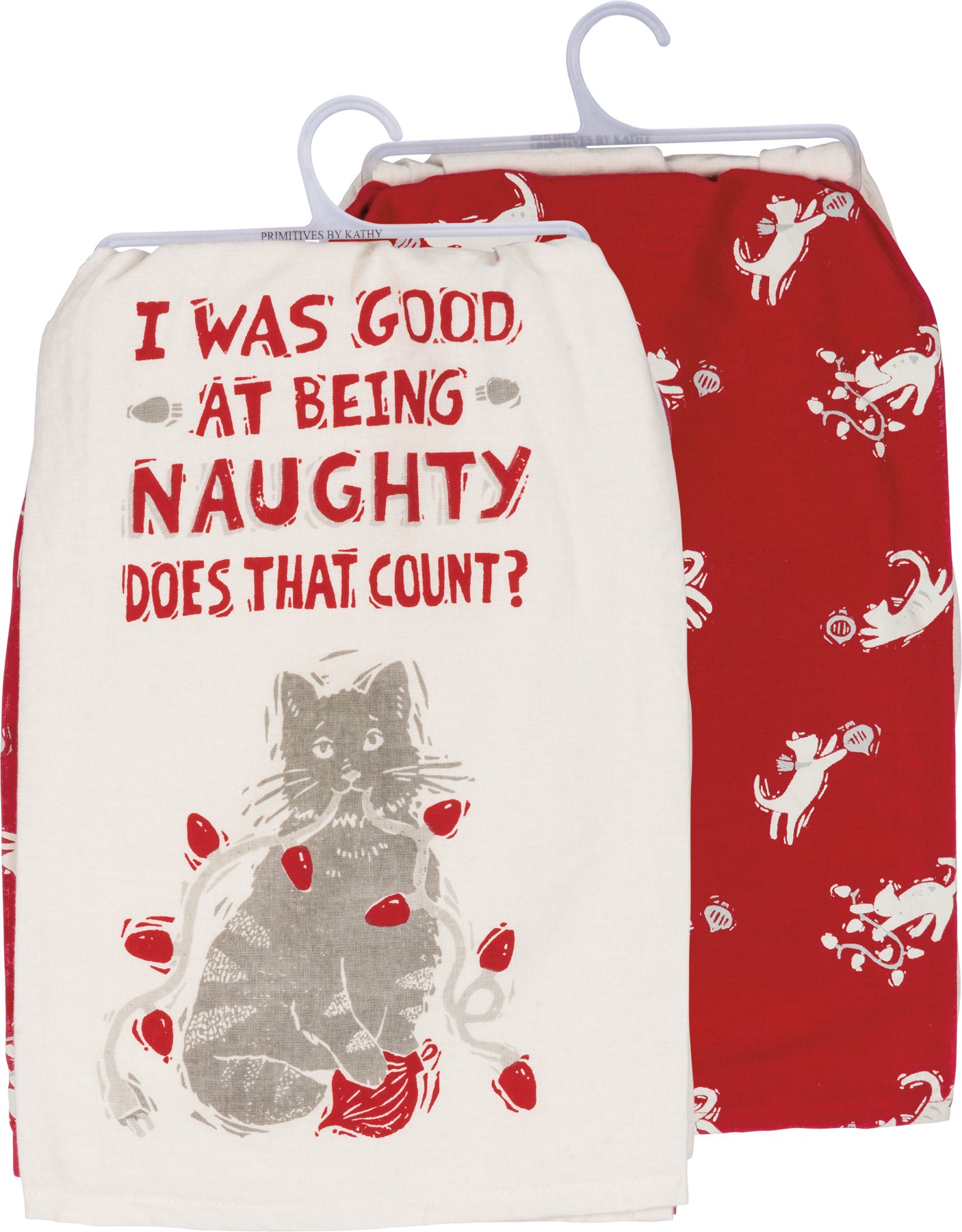 Primitives by Kathy Holiday Naughty Kitty Cat Dish Towels Set of 2 - I Was Good at Being Naughty Does That Count - Holiday Cat Print