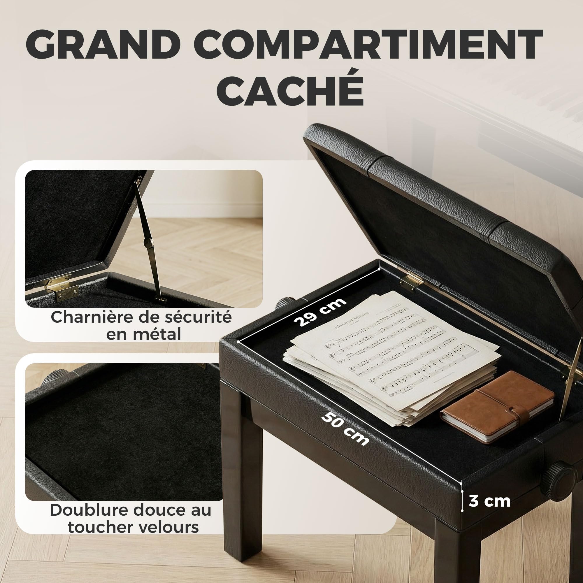 HOMCOM Banc de Piano, Banc de Clavier réglable en Hauteur en Bois Massif, Tabouret Piano avec Compartiment caché, siège rembourré polyuréthane, Stable et antidérapant, Charge 150kg, Noir