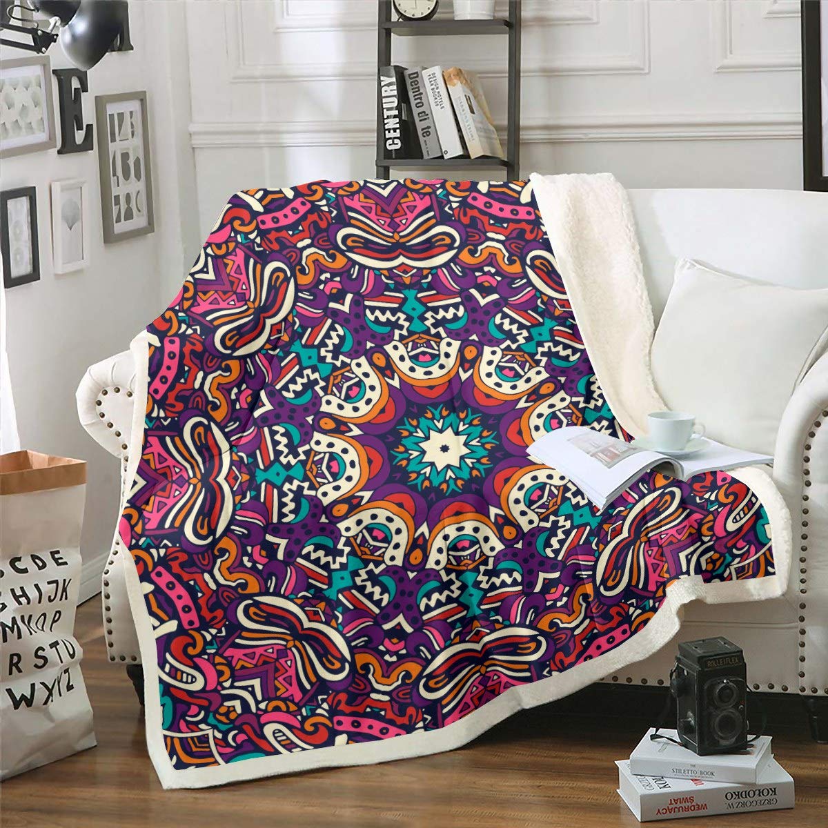Coperta in pile stile bohémien, stile bohémien, per letto, divano, hippie, mandala, sherpa, traspirante, verde, bianco, sfocato, decorazione della stanza, 70 x 100 cm