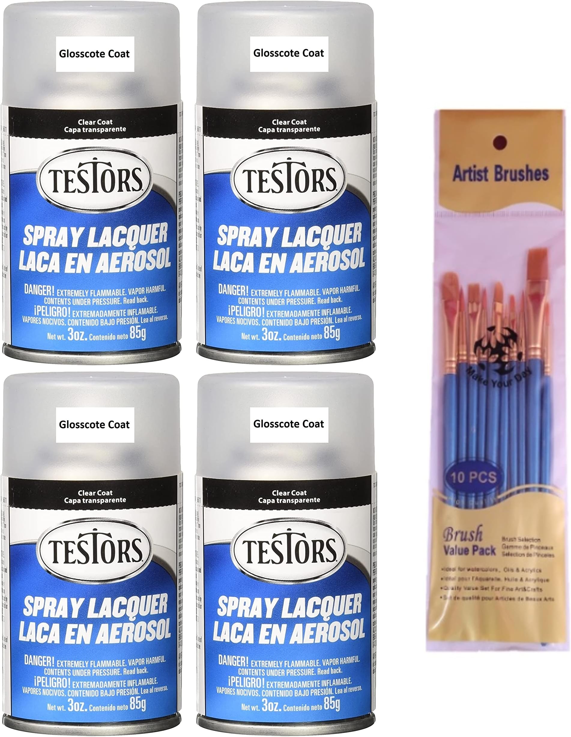 Testors TES1261 Glosscote Spray Enamel 3oz, Clear Coat (Pack of 4) - with Make Your Day Paint Brush Set