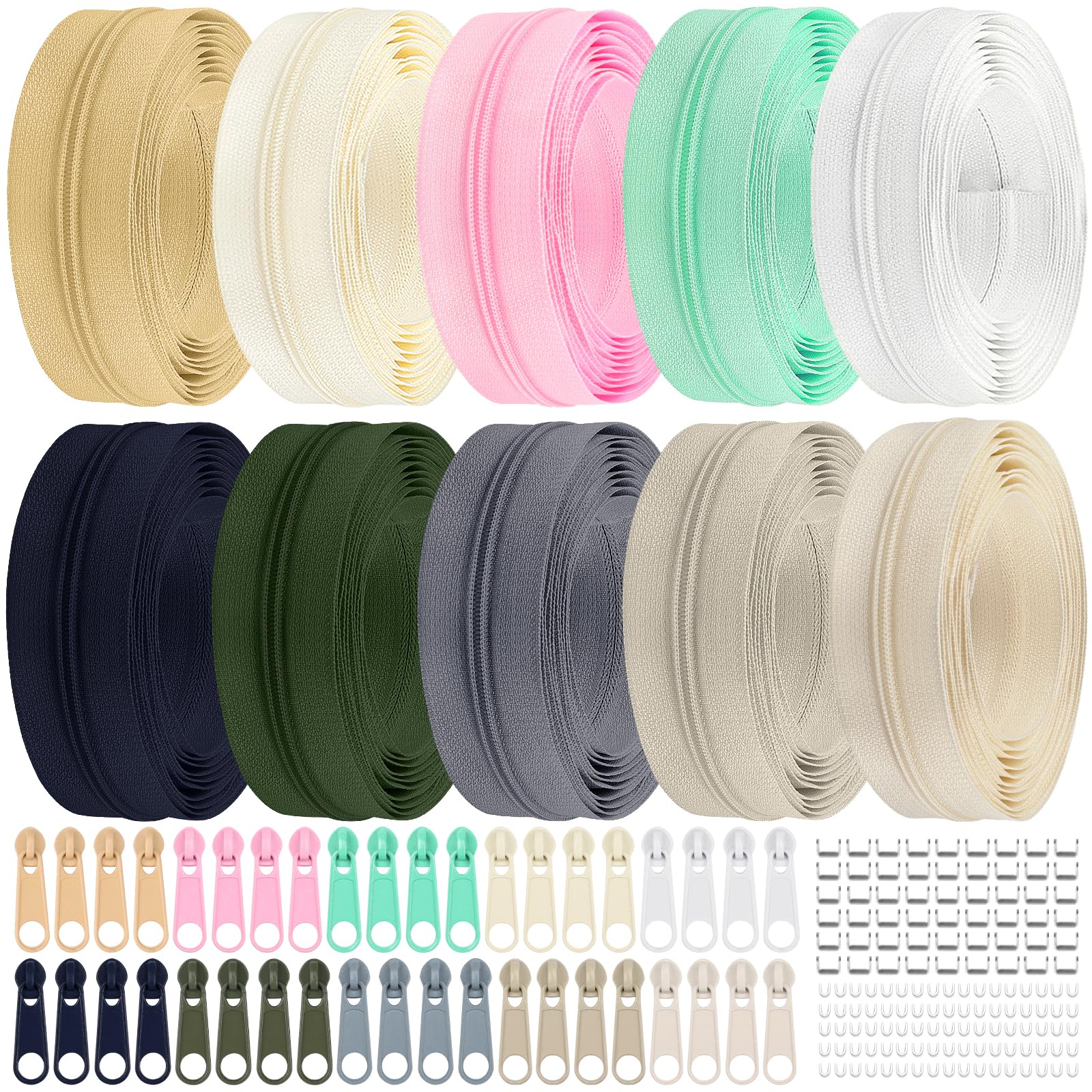 DOITEM 2,8 mm Reißverschlüsse 28 m Nylon-Endlos-10 Farben Reißverschluss-Set mit Schieber und Reißverschluss zum Nähen und Basteln