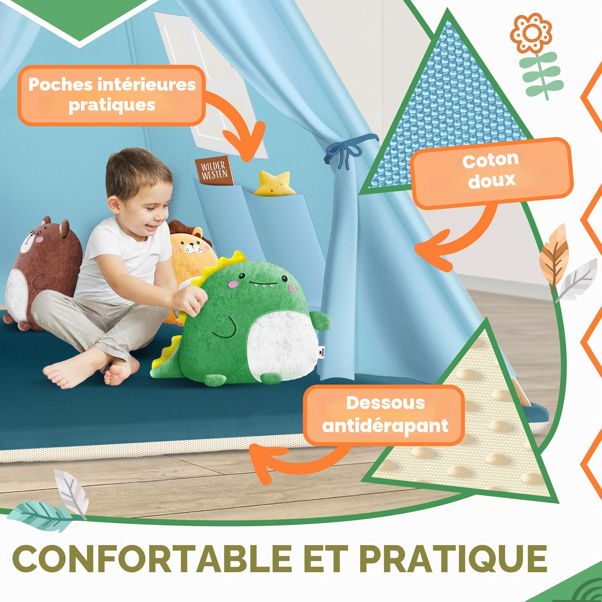 KIDIZ® Tente de jeu pour enfant 100 x 100 x 160 cm en coton avec guirlande LED, étoiles lumineuses, guirlande de drapeaux, 3 animaux en peluche, tapis et sac de transport