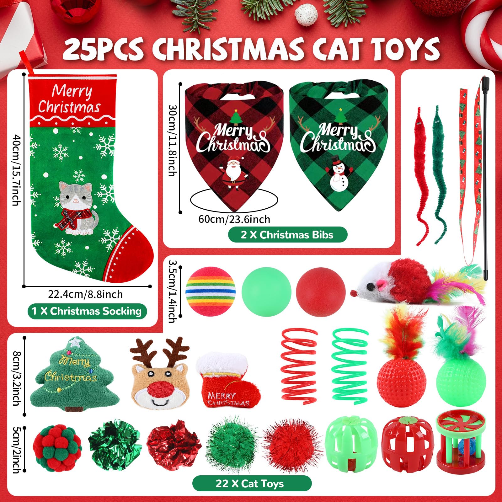 24Pcs Christmas Cat Stocking Toys Interactive Cat Toys Christmas Countdown Christmas Kitten Gift Set Christmas Hanging Stocking Xmas Cat Stocking Toy with Bibs Deer Bell Balls Xmas Tree Teaser for Cat