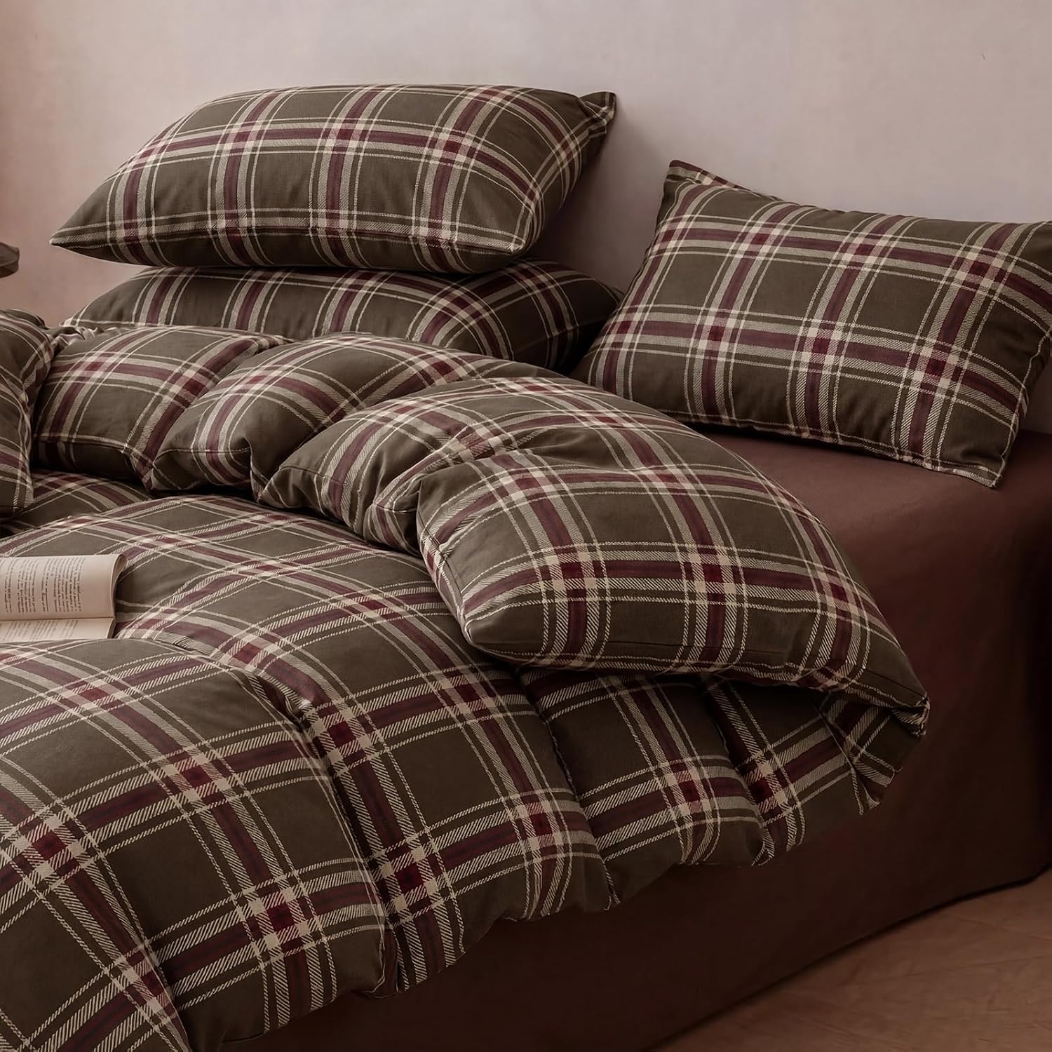 100% Cotton Plaid Duvet Cover Set Queen Size – Green Vintage Gingham Reversible Bedding Set with Zipper Closure, 3 Pcs Breathable and Soft Duvet Cover for All Seasons