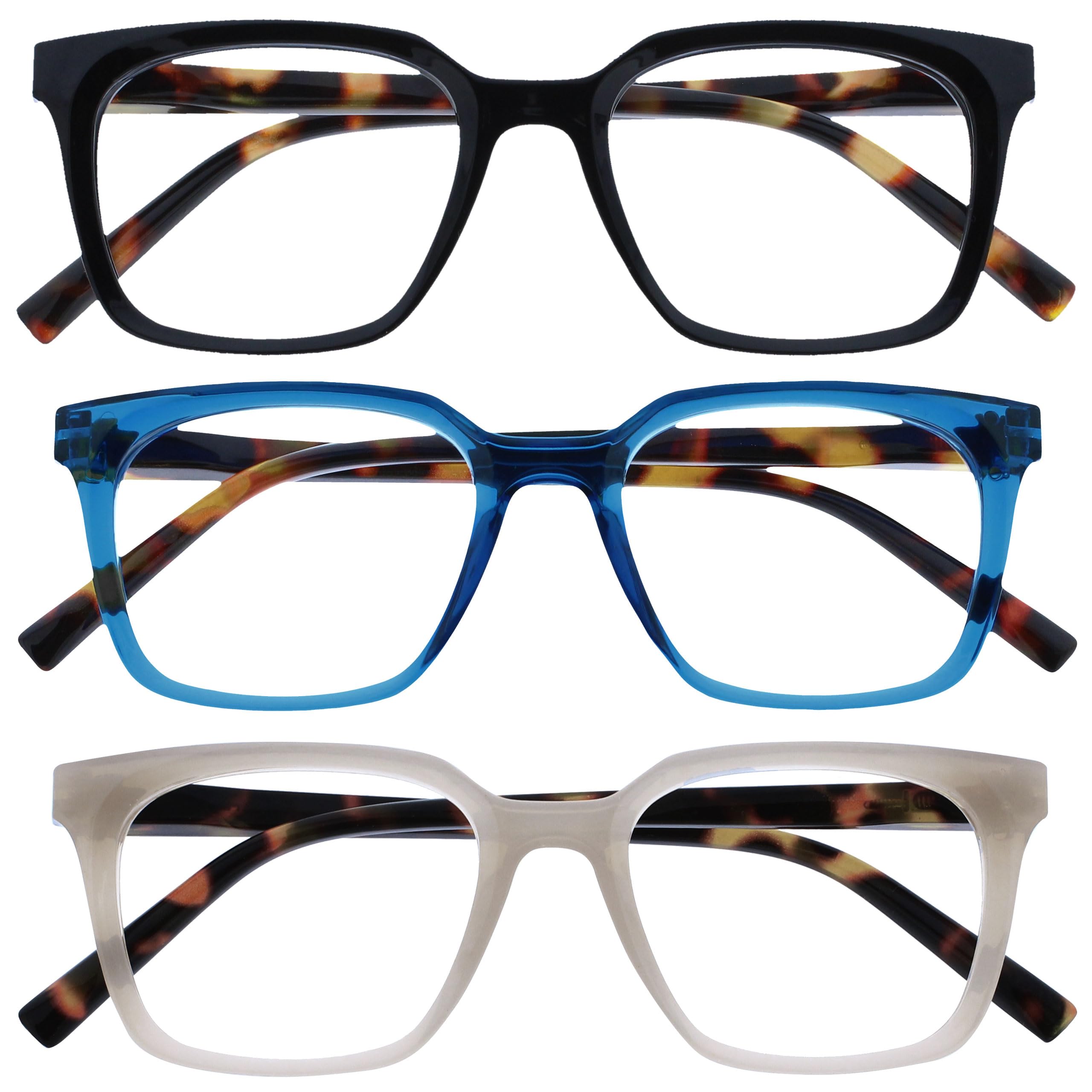 OPULIZE KOI Reading Glasses 3 Pack - Large Rectangular Frame - Black-Blue-Grey - Mens Womens- Spring Hinges - RRR50-137 - +2.00