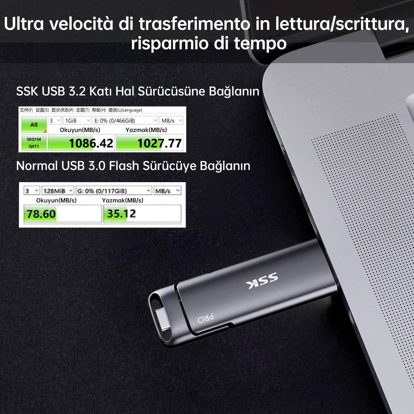 SSK SSD esterno portatile da 1TB Dual USB 3.2 Gen 2 Unità a stato solido fino a 1000MB/s in lettura, adattatore USB A + tipo C 2 in 1 Disco rigido SSD da 1TB per laptop, tablet e altro