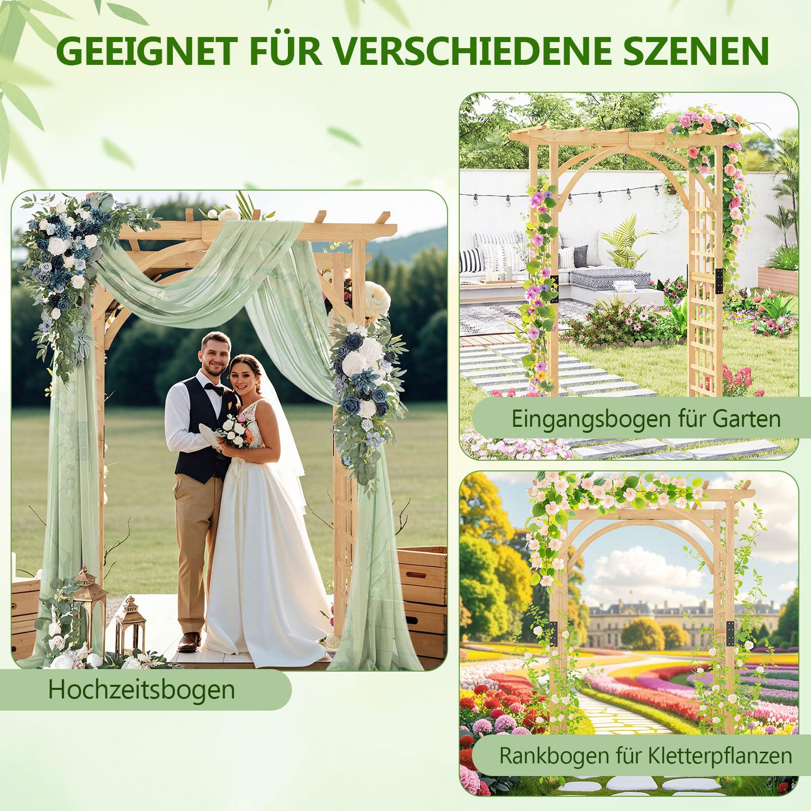 COSTWAY Rosenbogen Holz, Gartenbogen für Kletterpflanzen & hängende Körbe, Torbogen mit Dach, Rankhilfe Rankgitter Rankbogen, für Garten, Hochzeit, Party, Tannenholz, Natur, 160 x 60 x 213 cm