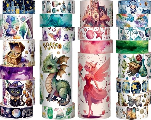 Washi - Juego de 23 rollos de cinta de recortes con temática mágica y de hadas para juego de diario de viñetas, cinta adhesiva de colores para