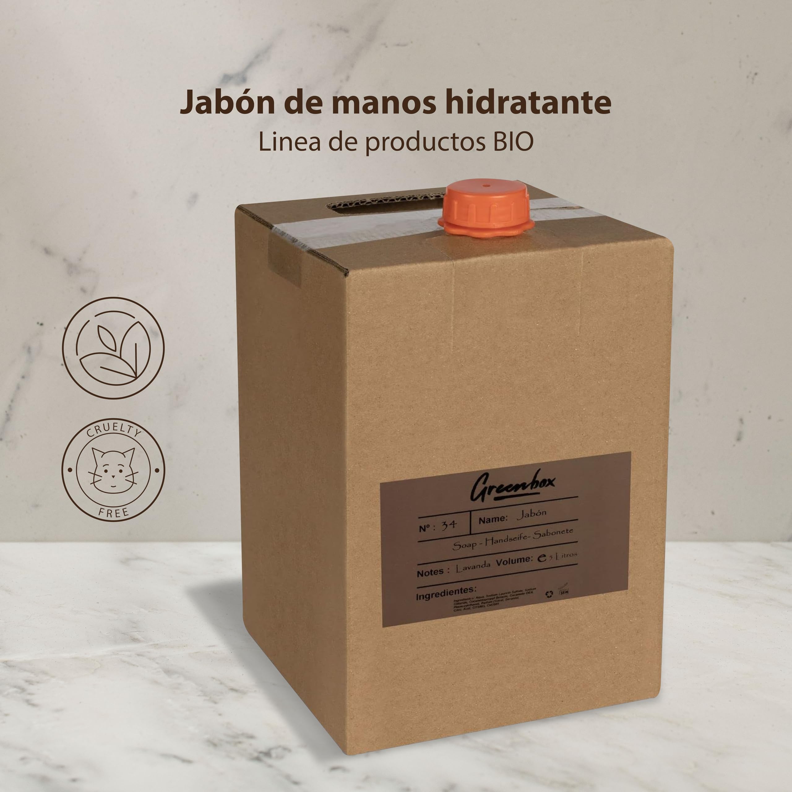Ricarica sapone mani in "bag in box" BIO - sapone mani idratante 5L. Imballaggio ecologico e maniglia per il trasporto. Risparmia denaro e aiuta l'ambiente.
