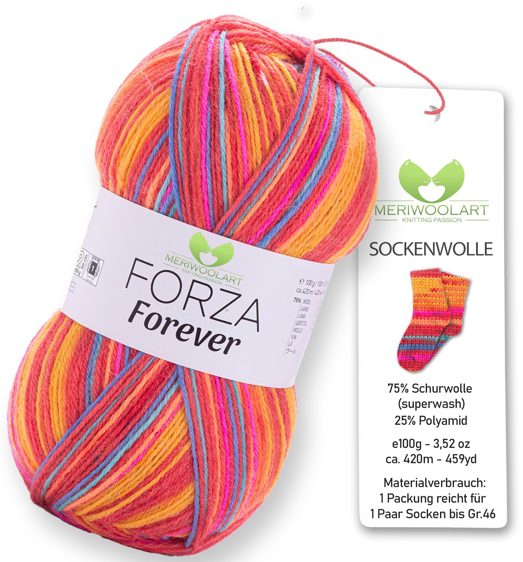 MeriWoolArt Sock Yarn, 75% Virgin Wool, 25% Polyamide, 420m, 100g, 4-Ply Merino Wool for Knitting (VARIEGATED-2705)
