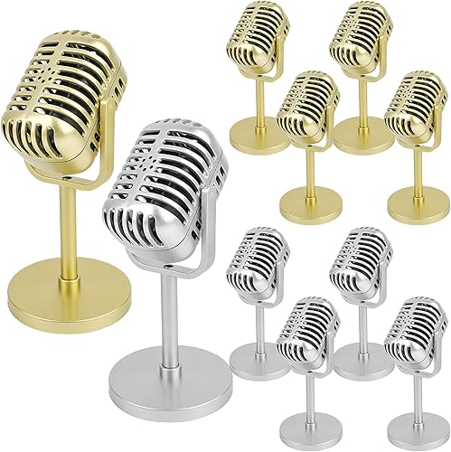 Paquete de 10 accesorios de micrófono retro, modelo de micrófono falso con soporte, clásico vintage de plástico antiguo, decoración de mesa para
