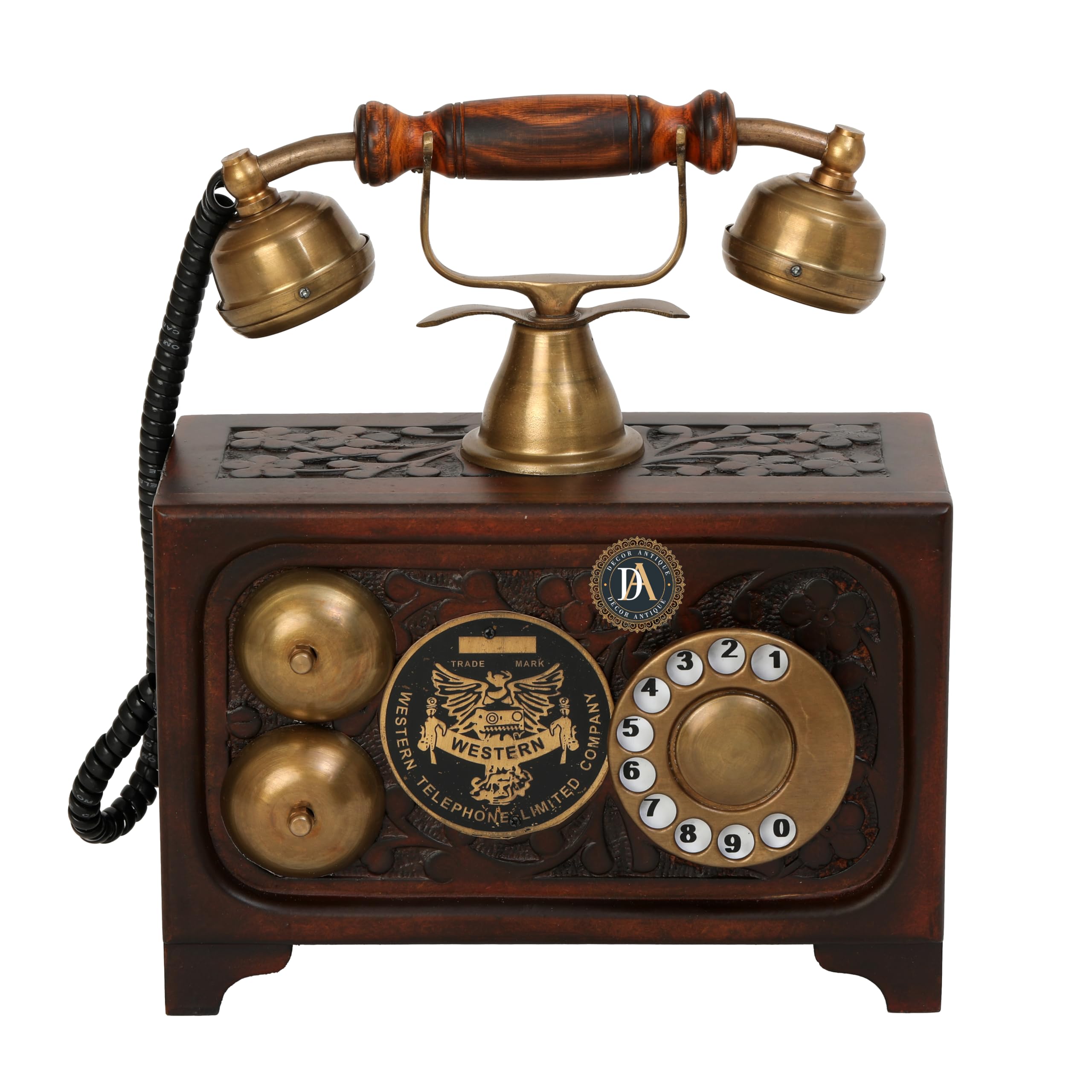Decor Antique Telephone Brown Finish Brass and Wooden Carving Work Decorative Showpiece Telephone (Non Working) Decor Telephone only for showpeace-image-20