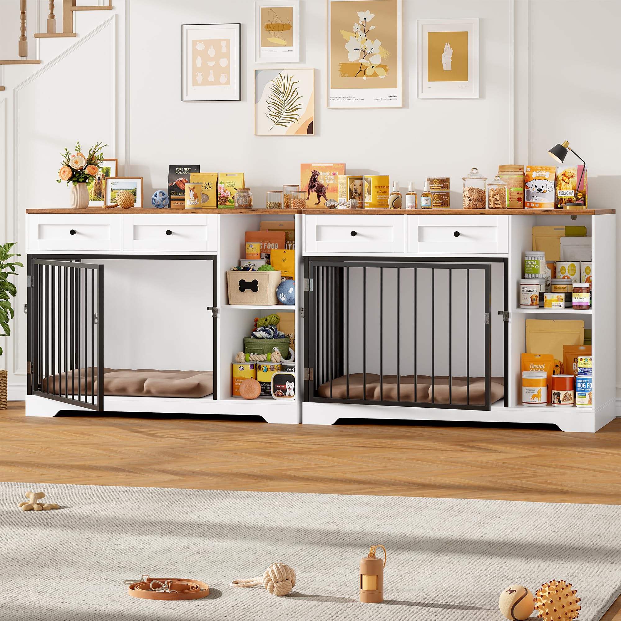 FirFurd 120cm Gabbia per Cani con 2 Porte, Kennel Cane Medio con 2 Cassetti e 2 Scomparti Aperti, Cuccia in Stile Mobili con Stoccaggio in Metallo e Legno, 120x60x87 cm (Bianco+Marrone)