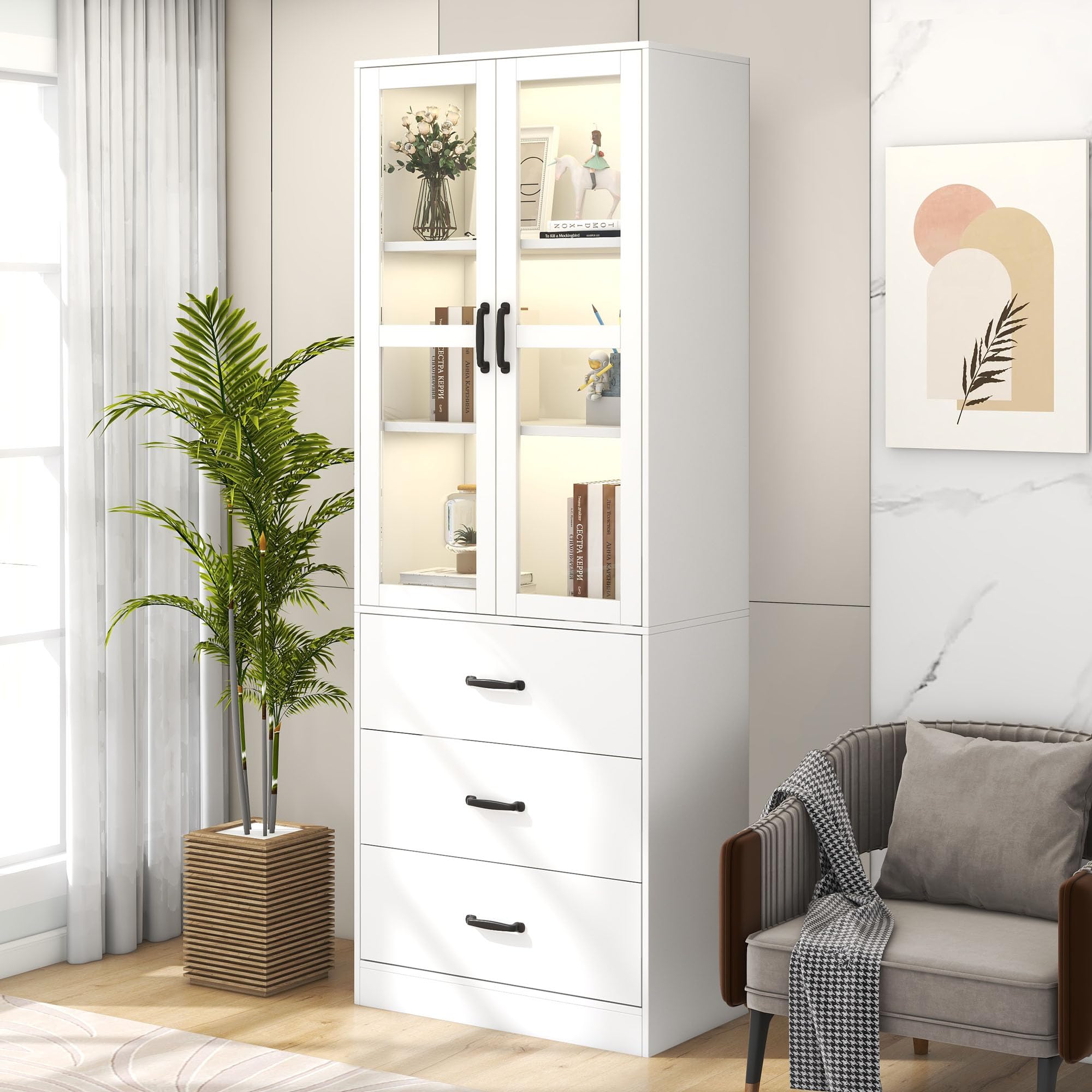 Vitrina blanca, estantería con puertas, armario de cocina grande, armario de despensa, estantería de lujo con luz LED, armario de vitrina con estantes para sala de estar, dormitorio (60 W x 40D x 200