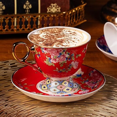 Miniatura 3 de KAMMAK Juego de 2 tazas de té y platillos, taza de café de porcelana con platillo para expreso, capuchino, taza de cerámica vintage de 9.8 onzas