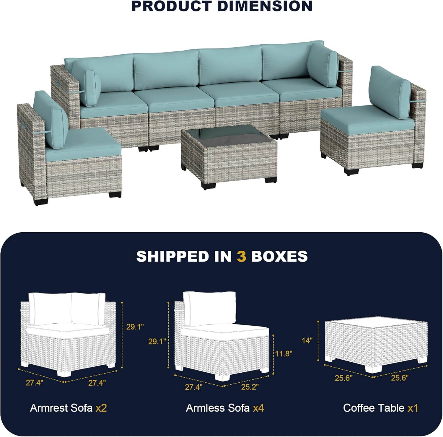 7-Piece Outdoor Patio Furniture Set, PE Wicker Rattan Sectional Sofa Conversation Set with Tempered Glass Table & Thick Cushions - All-Weather Garden, Backyard Furniture, Light Blue