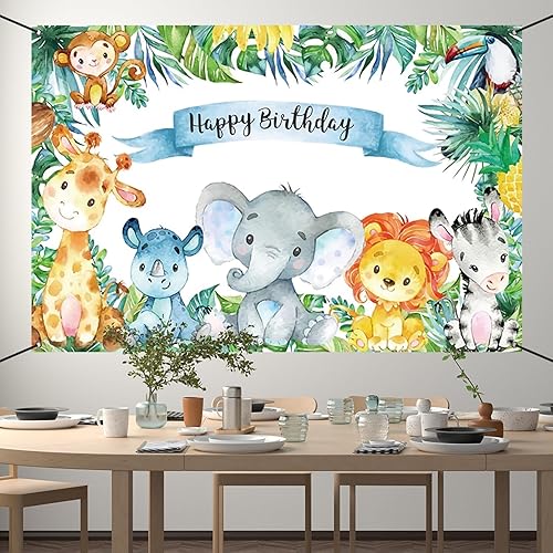 Miniatura 5 de Renaiss Cartel de feliz cumpleaños de 6 x 3.6 pies, decoración de fiesta infantil de animales salvajes de safari, selva tropical, decoración para