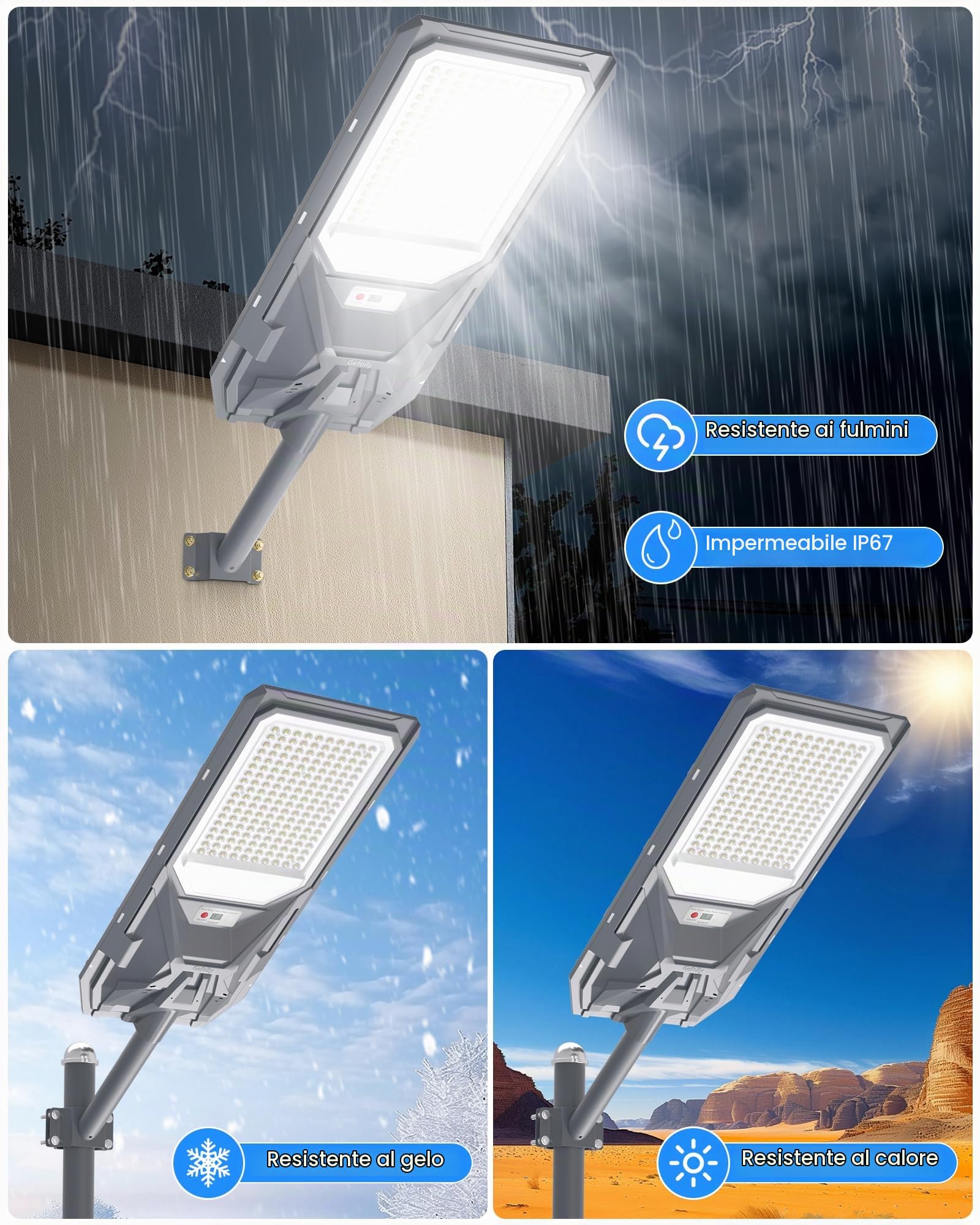 Gefolly SL-5800W Lampione Solare Led Esterno con Telecomando, IP67 Impermeabile Lampada Stradale Solare con Sensore di Movimento, 6500K Lampioni da Giardino Esterno Solari per Garage Strada