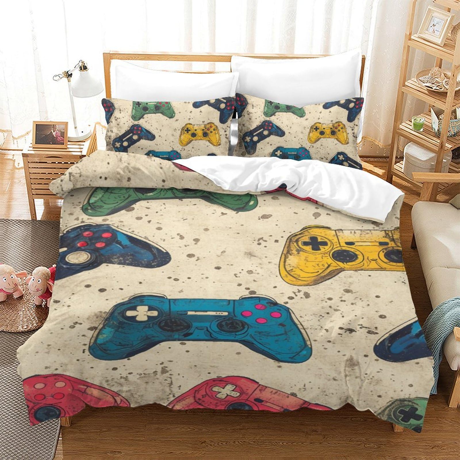 Housse de couette gamer 140x200 cm avec taie d'oreiller lit simple pour enfant