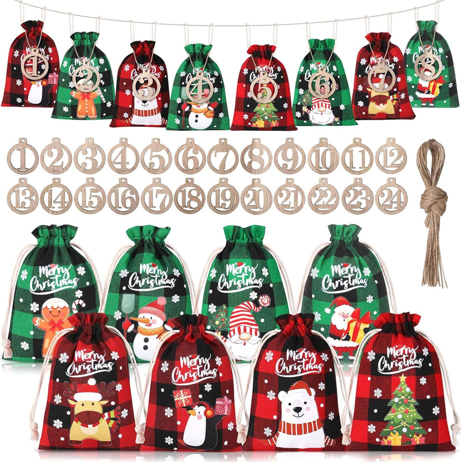 24 szt. Torby do pakowania cukierków, torby na ciasteczka ze sznurkiem, torebki słodycze upominki przyjęcie świąteczne, Christmas Party(Christmas Pattern Plaid (3 Pieces Each in 8 Styles)