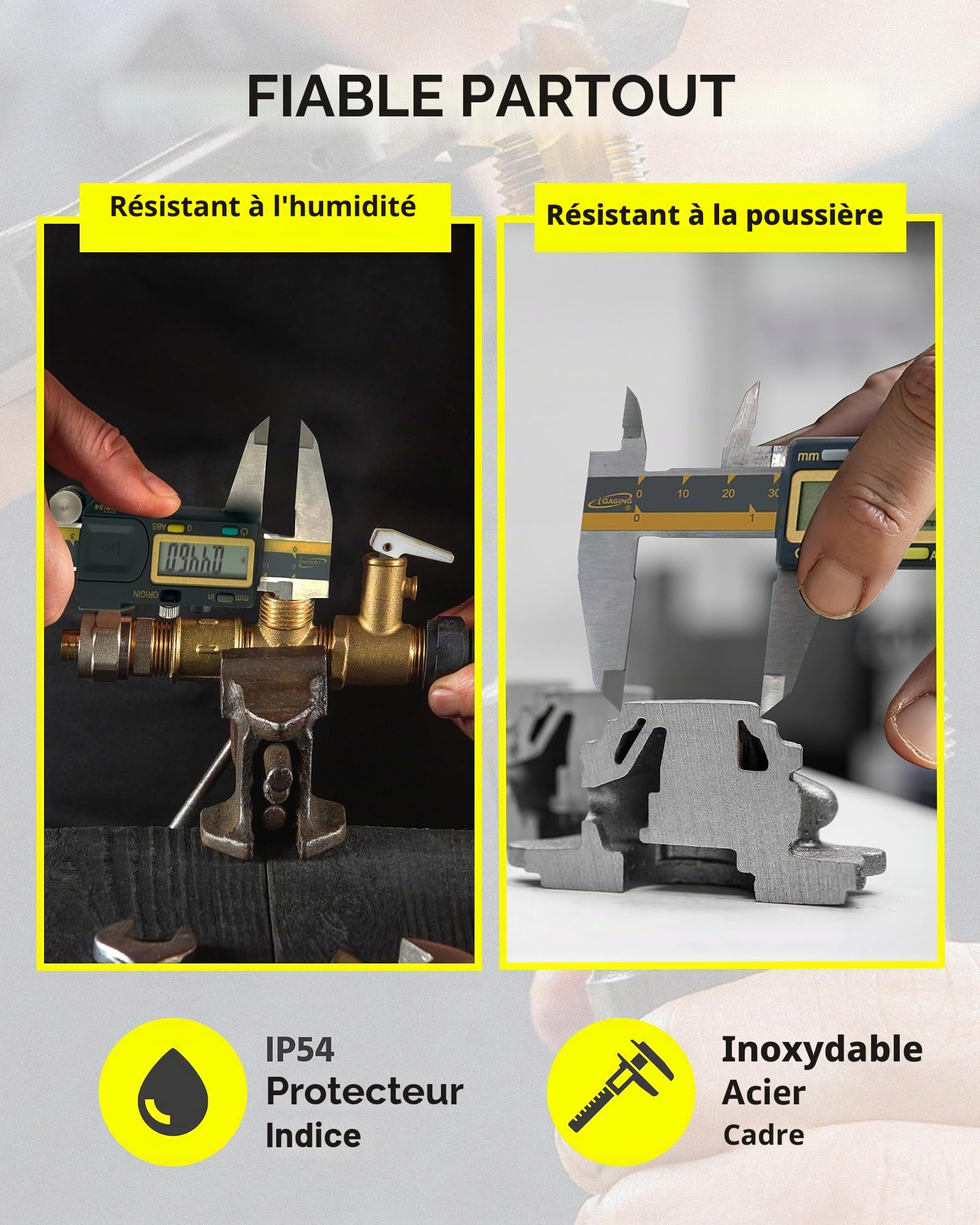 iGAGING Absolute Origin Pied à coulisse numérique 0-152 mm (0-6"), acier inoxydable IP54, port de sortie SPC/USB, modes pouce et métrique, étui, manuel
