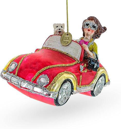 Stylish Woman Driving Pink Cabriolet Blown Glass Christmas Ornament