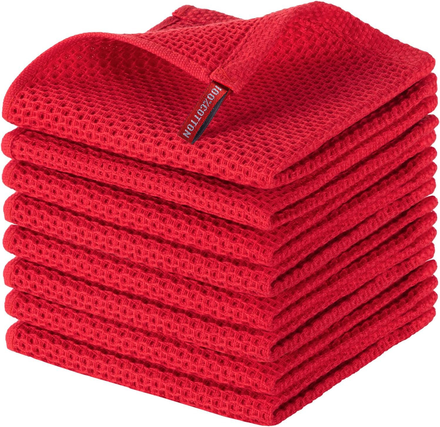 Joybest Red Gmfine 100% Natural Cotton Kitchen Dish Cloths, 8-Pack Waffle Weave Ultra Soft Absorbent Dish Towels Quick Drying Dish Rags, 12X12 Inches,