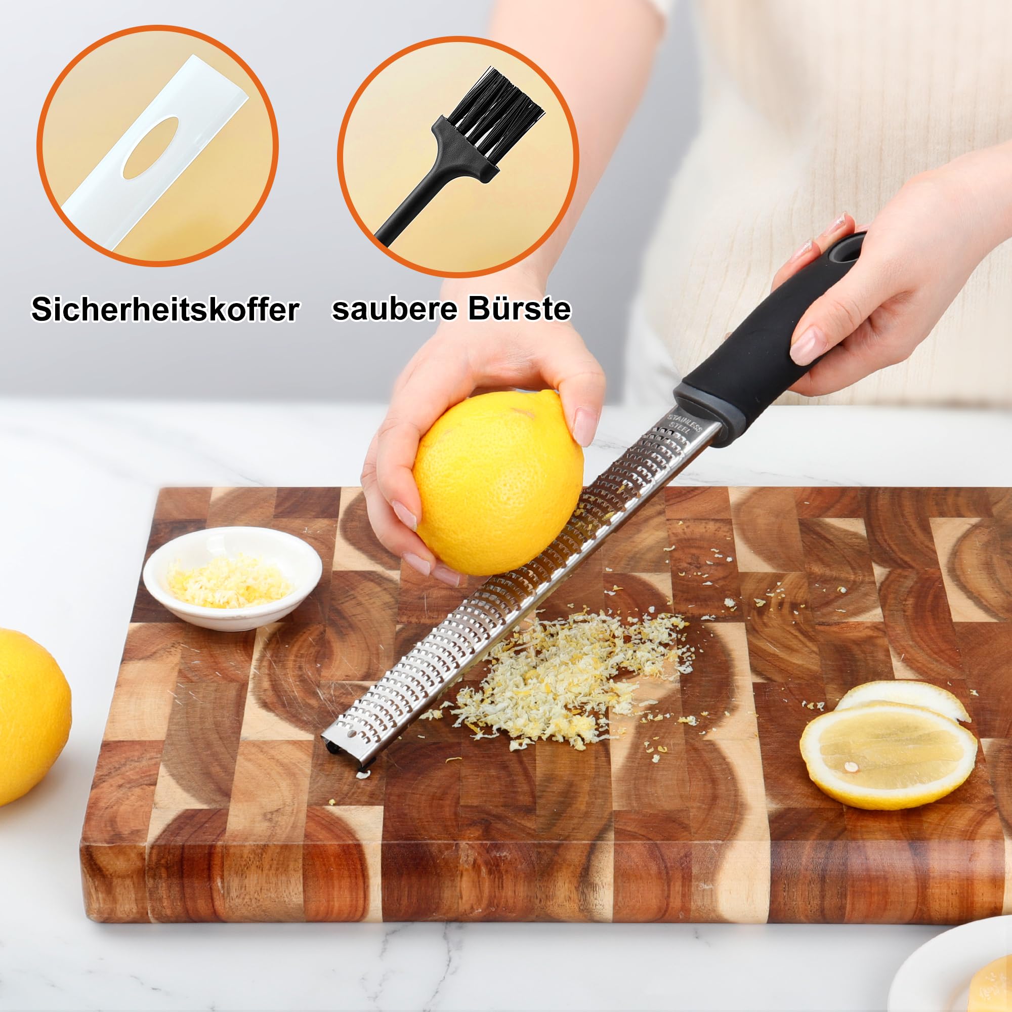 YC Kitchen Zester Reibe - Edelstahl Käsereibe, Parmesanreibe, Zitronenreibe, Muskatnuss Reibe, Ingwerreibe - Scharfer Klinge - Spülmaschinenfest, mit Schutzhülle & Reinigungsbürste