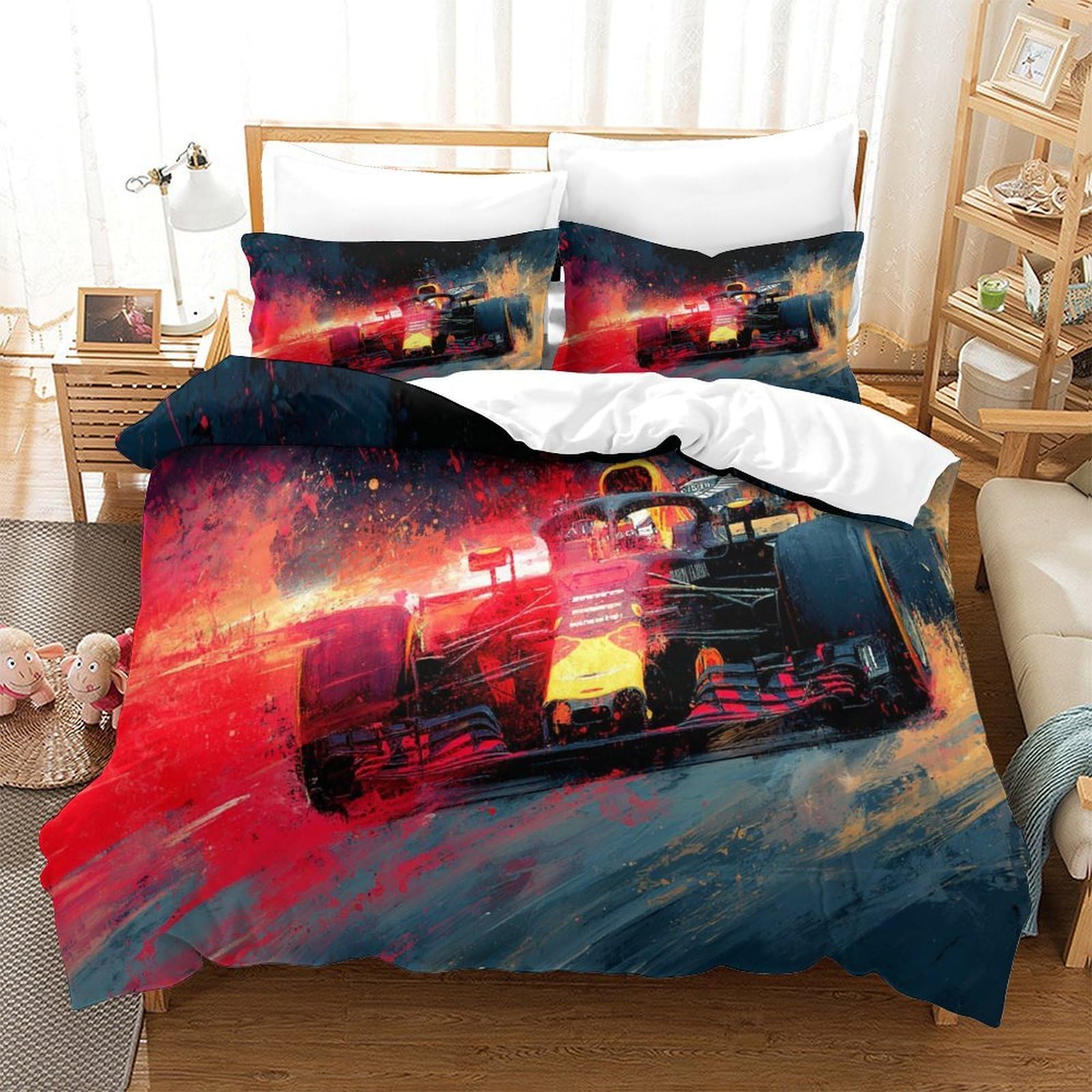 QDZHCPMYK F1 Formula Racing Poster Duvet Cover 3 PCS Hotel Quality Quilt Cover Bedding Set Bed Covers with Pillowcases with Zipper Closure Ultra Soft Hypoallergenic Microfiber Double（200x200cm）