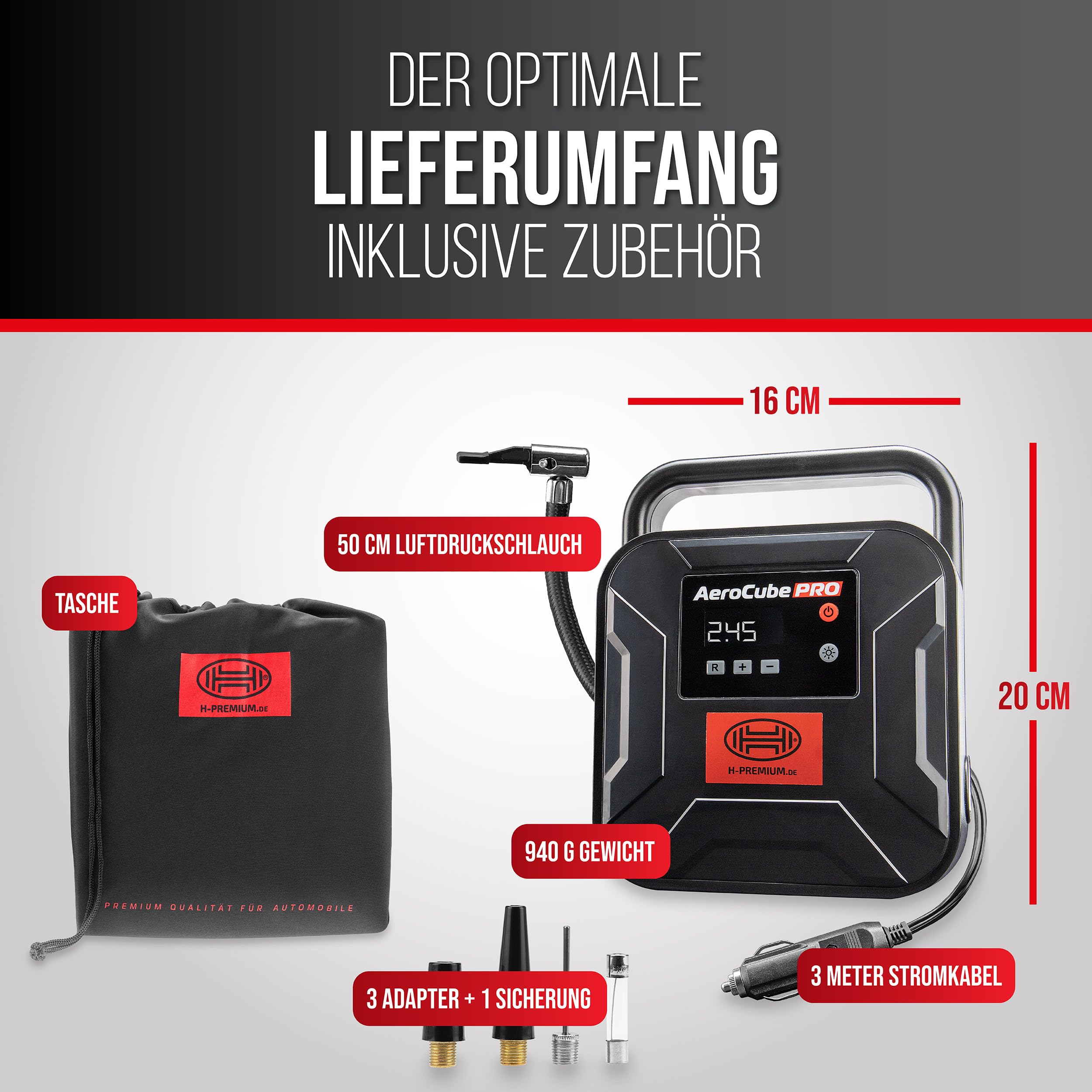 HEYNER® Kompressor mini I Tasche I 12V/120W Druckluft 10 bar/150PSI Digitales Manometer I LED Beleuchtung I elektrische Luftpumpe tragbarer Kompressor Zigarettenanzünder Autoreifen