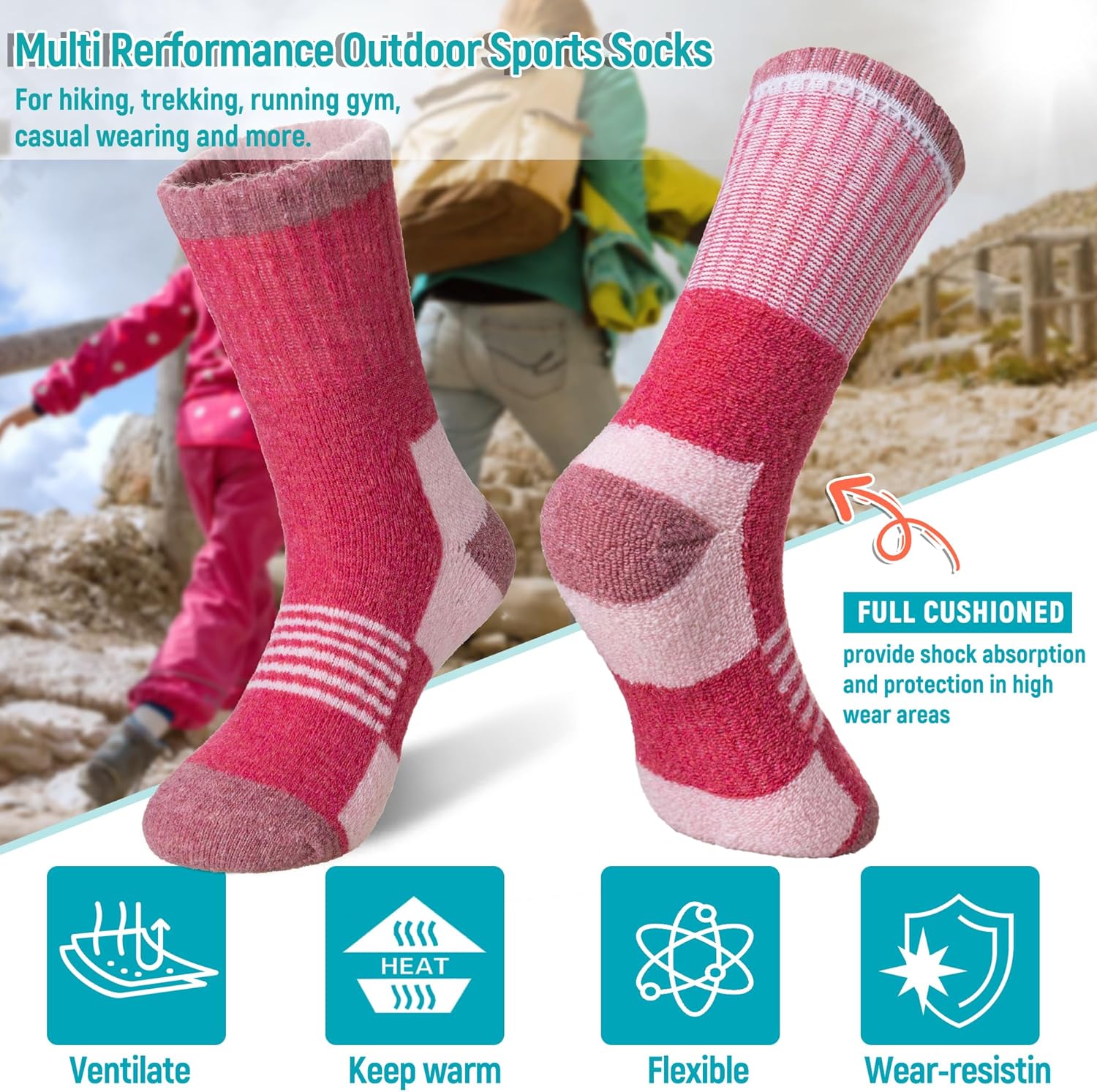 Velice Kids Merino Wool Hiking Socks Toddler Boys Girls Winter Warm Thermal Thick Cushion Crew Boot Socks 6 Pairs - Image 6