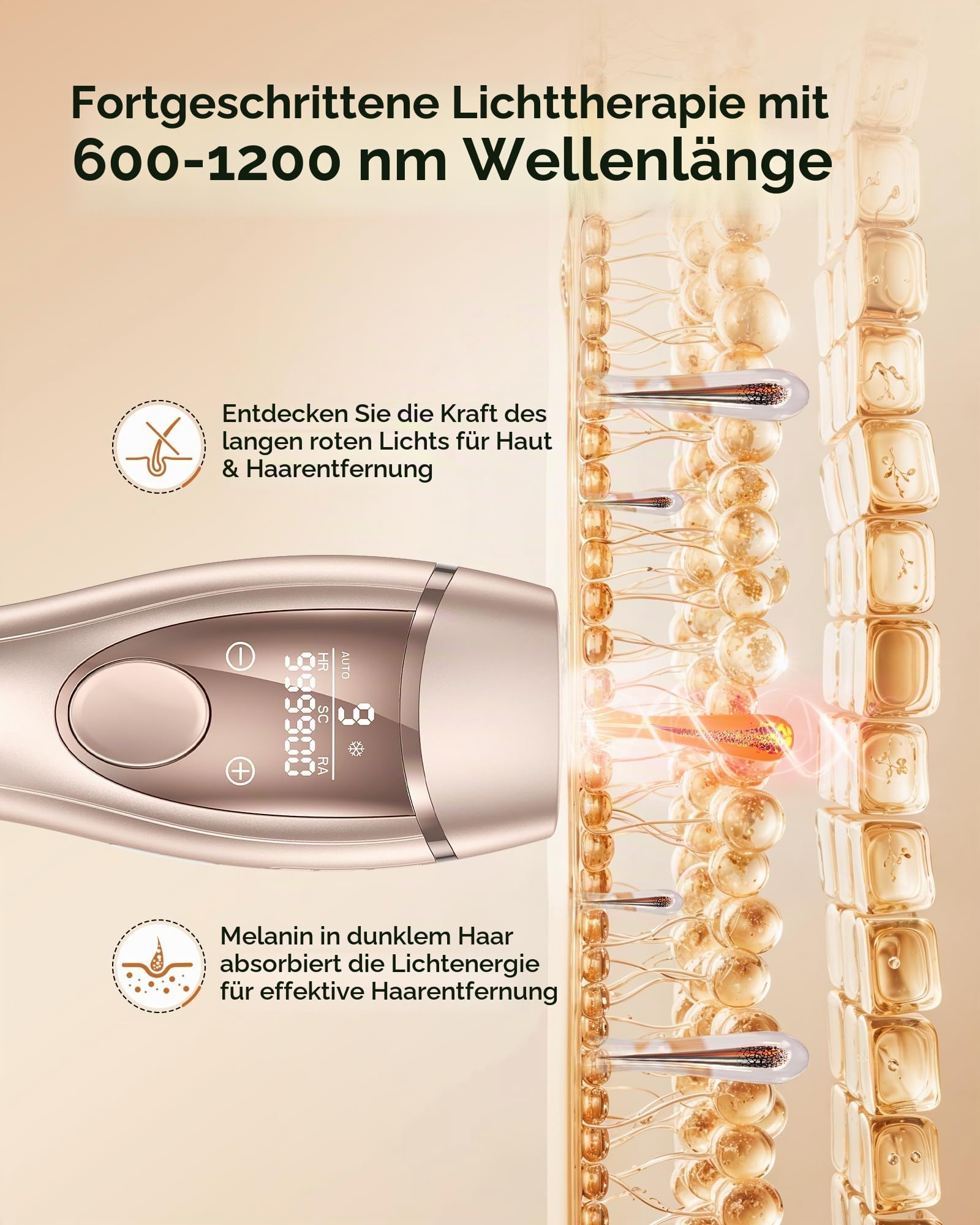 IPL Geräte Haarentfernung mit Kühlfunktion, 21J Laser Haarentfernung für Damen & Herren, 9 Stufen, 999.900 Blitze, für Körper, Achseln & Bikinizone Gold Épilateurs à lumière pulsée