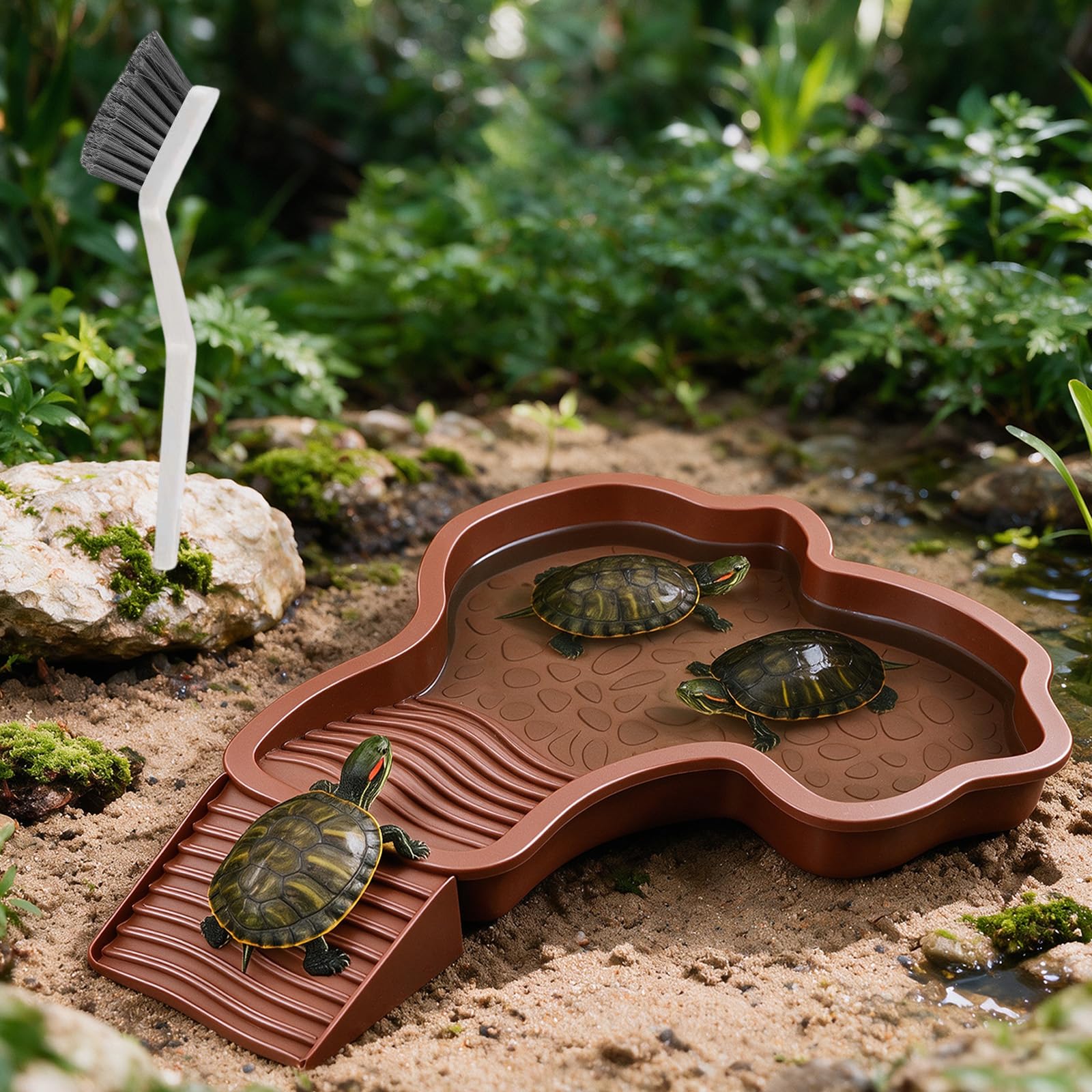 Large Reptile Bathing Bowl with Ramp, Reptile Bath, Reptile and Turtle Accessories, Food and Water Bowl for Turtles, Lizards, Snakes, and Other Reptiles Terrarium Animals (aa,1PC-B)