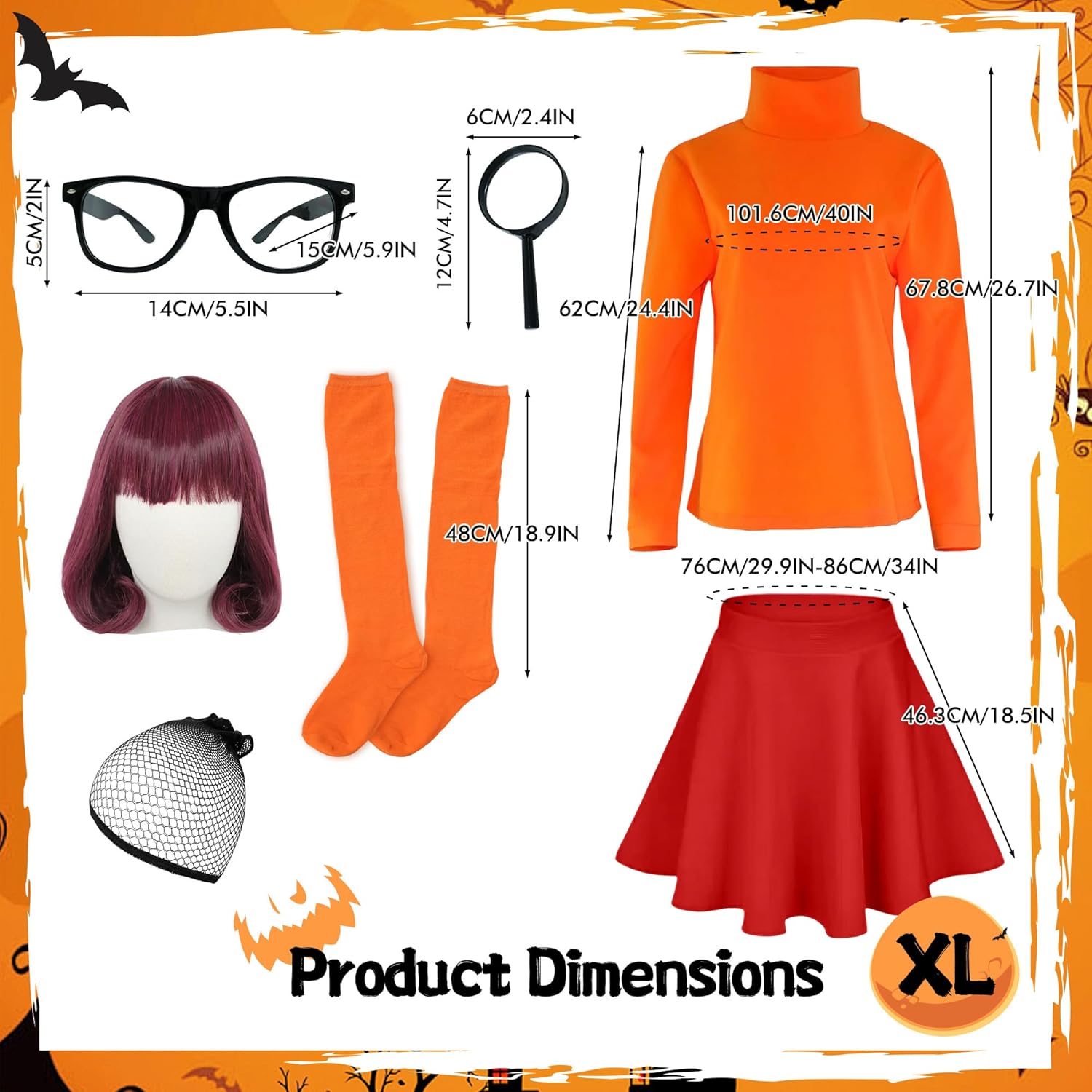 Halloween Deluxe Costume for Women, Brown Wig Long Sleeve Turtleneck Crop Top Skater Skirt Magnifying Glass Socks Glasses - Image 8