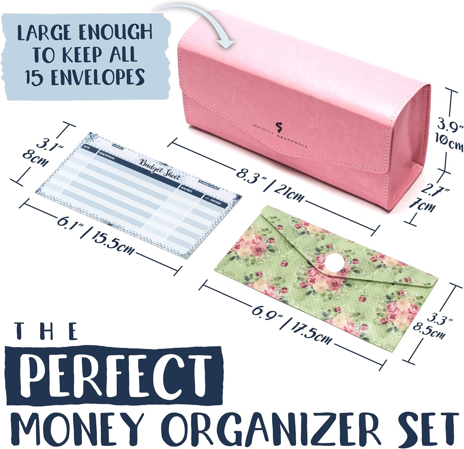 Cash Envelope System Wallet - Saving Money Organizer - 15 Floral Envelopes with Snap Button - Plastic Cash Envelopes for Budgeting - 15 Budget Sheets - Receipt Organizer - Pink