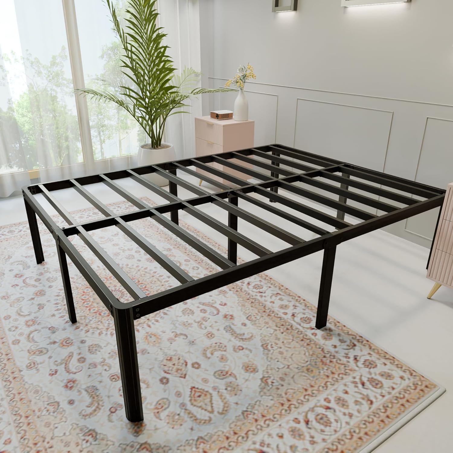 Full Size Black Metal Platform Bed Frame with Slats