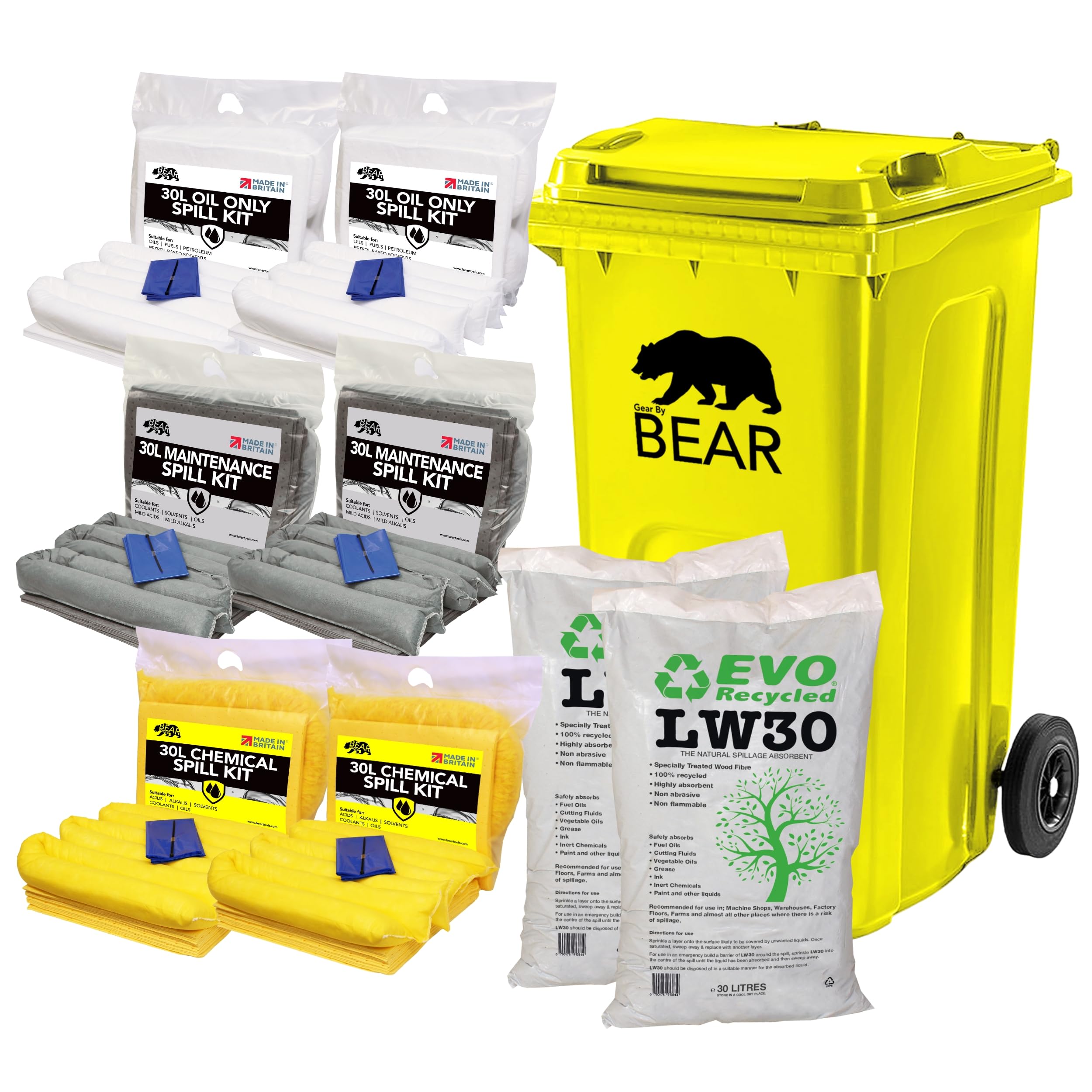 240L Spill Kits (240L, Maintenance, Oil Only and Chemical) UK Manufactured, 240L Wheelie Bin, X2 Absorbent Granules, X2 30L Chemical, X2 30L Oil Only and X2 30L Maintenance Kits