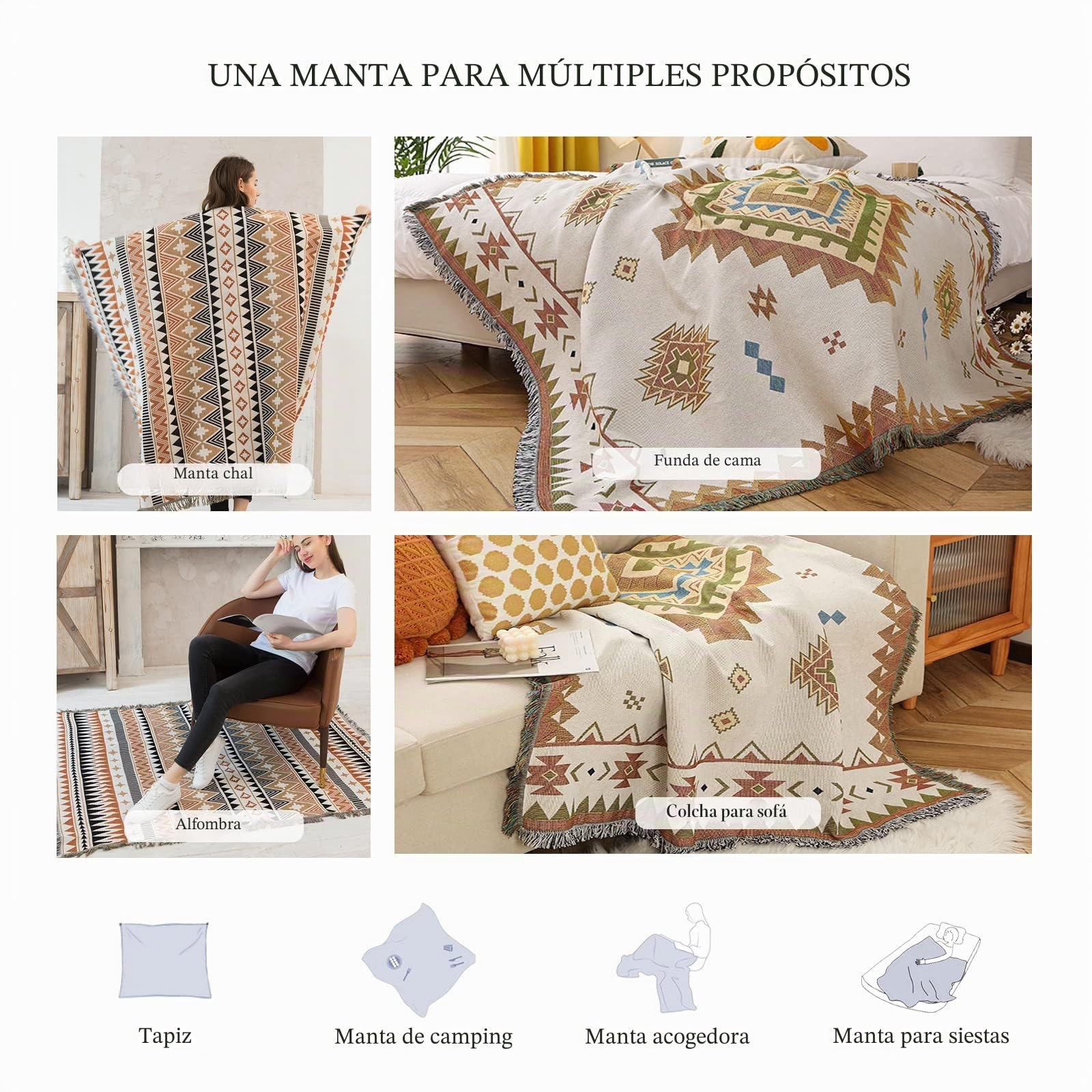 LumiSyne Manta Disponible a Doble Cara Manta De Algodón Tejida con Borlas Estilo Etnico Bohemio Patrón Geométricos Decorativa Manta para Sofá Cama Silla Camping Tapiz Manteles Alfombra 180x130cm