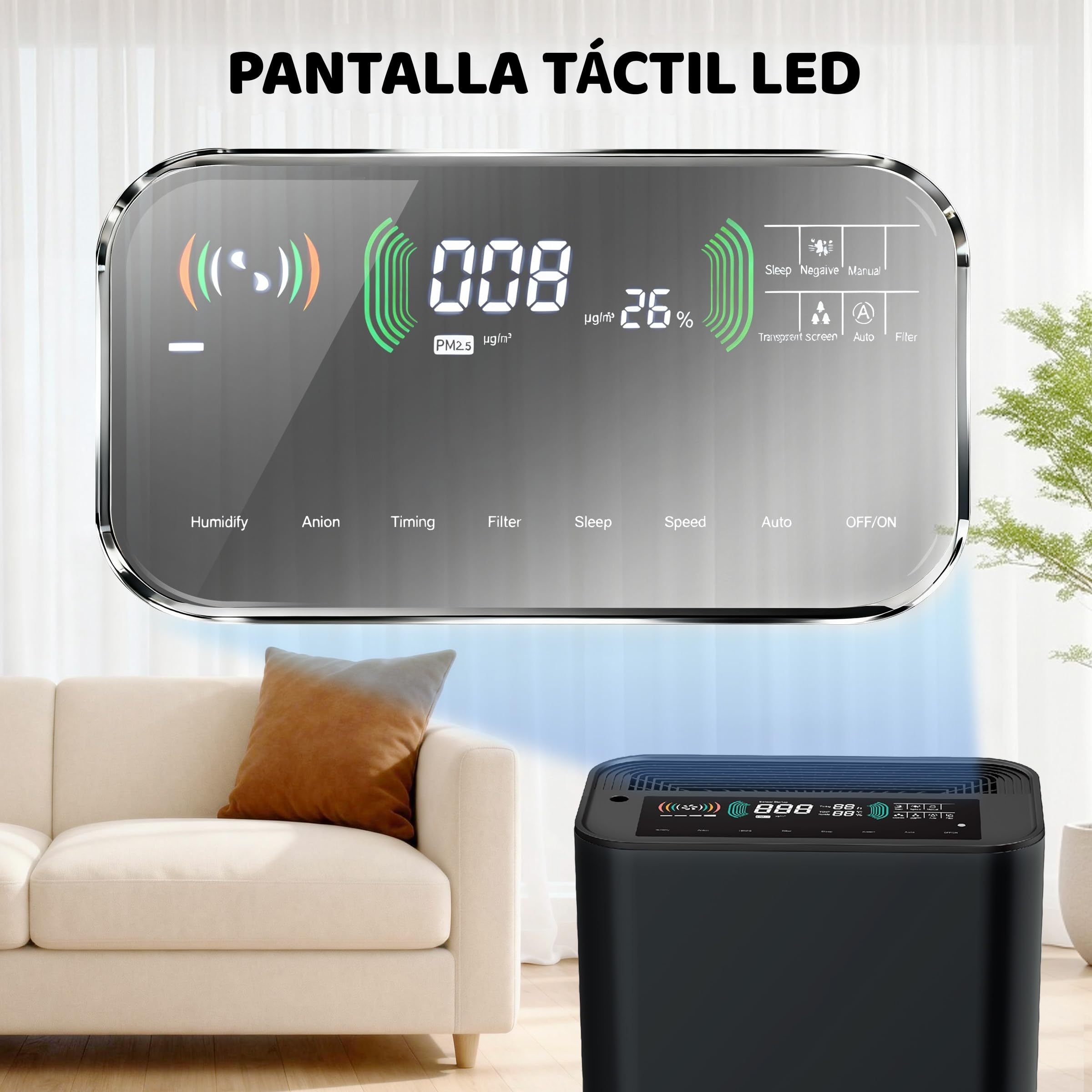 2 en 1 Purificador de Aire, con Función de Humidificación, Purificador de Aire con Filtro HEPA H13, CADR 330m³/h a 80㎡, Elimina 99.97% de Alergias Polen Ácaros Humo Pelo de Mascota, 22dB Modo de Sueño