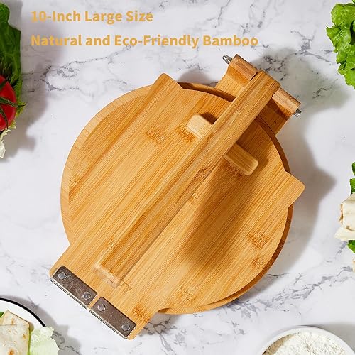 Miniatura 6 de Máquina de prensa de tortillas de bambú, 10 pulgadas de diámetro, perfecta para tortillas mexicanas caseras con 50 papel pergamino incluido..